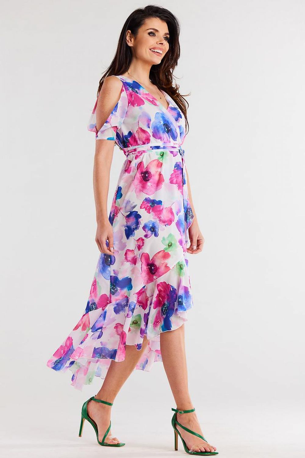 Chic Asymmetrical Chiffon Dress With Ruffle Hem And Split Sleeves By Awama - Adjustable Belted Design