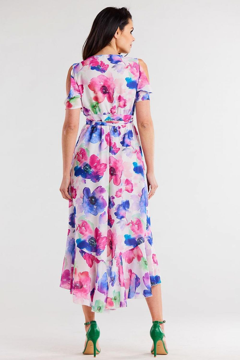 Chic Asymmetrical Chiffon Dress With Ruffle Hem And Split Sleeves By Awama - Adjustable Belted Design