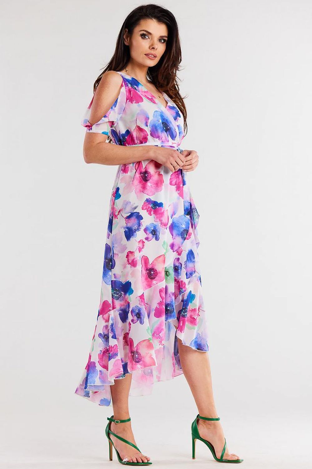 Chic Asymmetrical Chiffon Dress With Ruffle Hem And Split Sleeves By Awama - Adjustable Belted Design