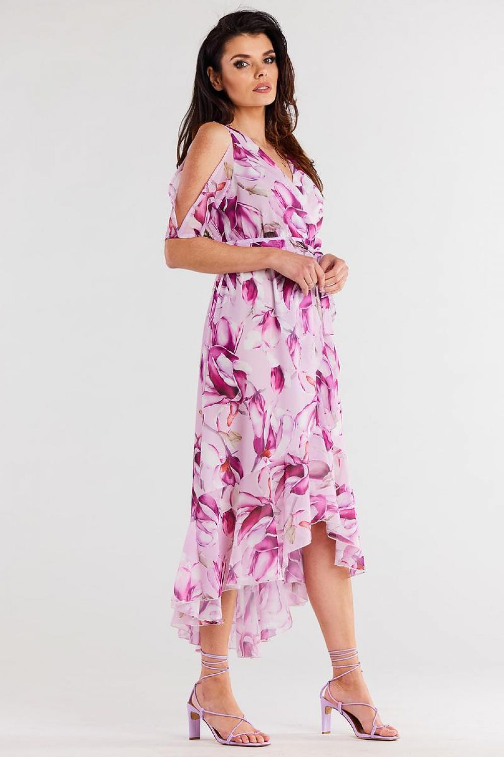 Chic Asymmetrical Chiffon Dress With Ruffle Hem And Split Sleeves By Awama - Adjustable Belted Design