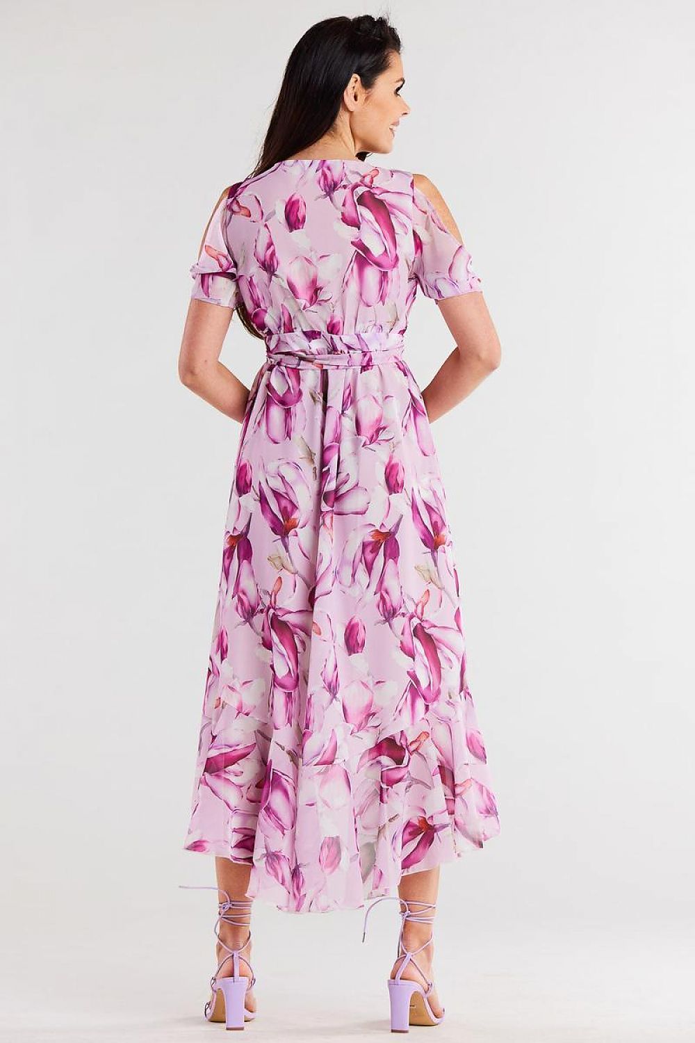 Chic Asymmetrical Chiffon Dress With Ruffle Hem And Split Sleeves By Awama - Adjustable Belted Design