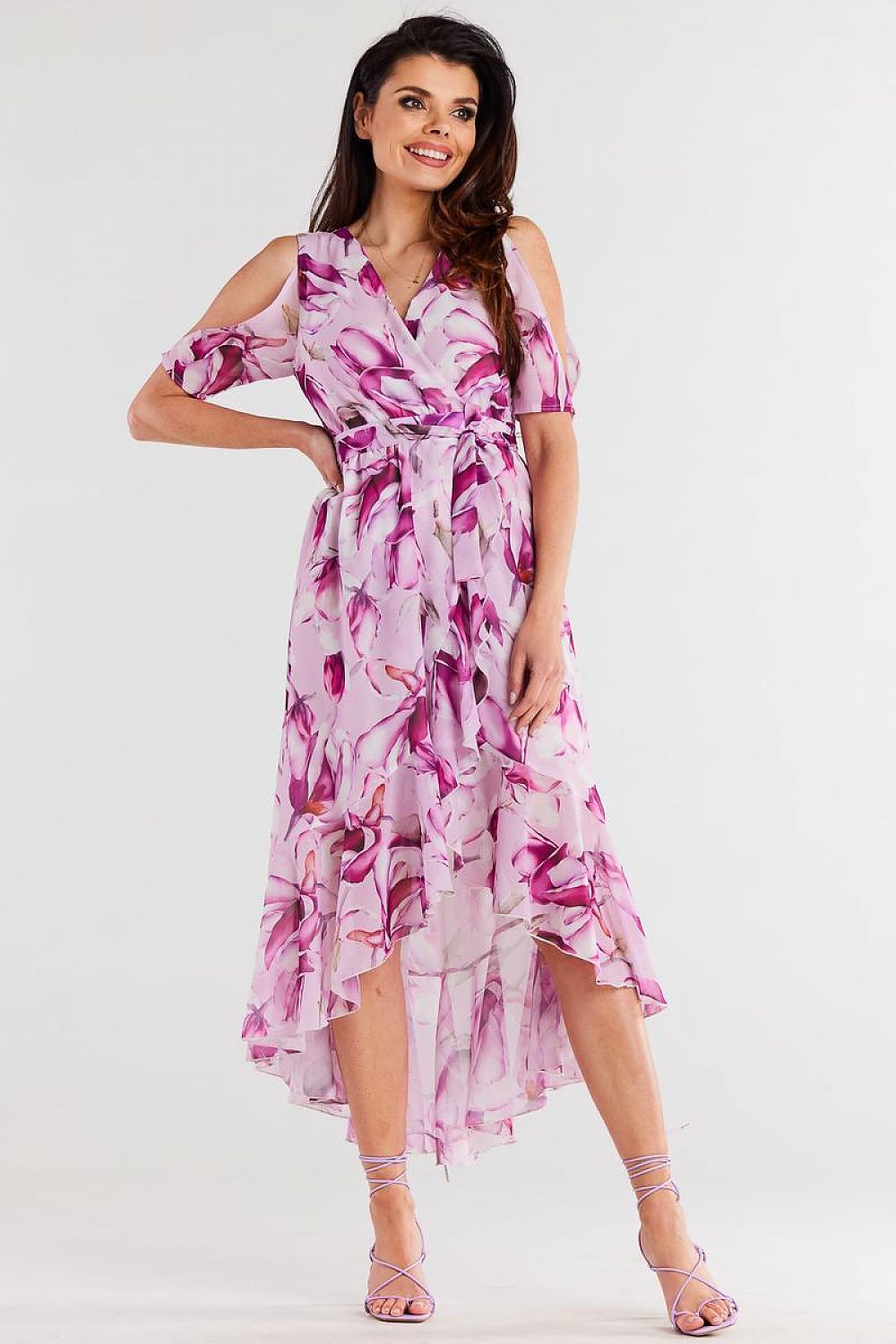 Chic Asymmetrical Chiffon Dress With Ruffle Hem And Split Sleeves By Awama - Adjustable Belted Design