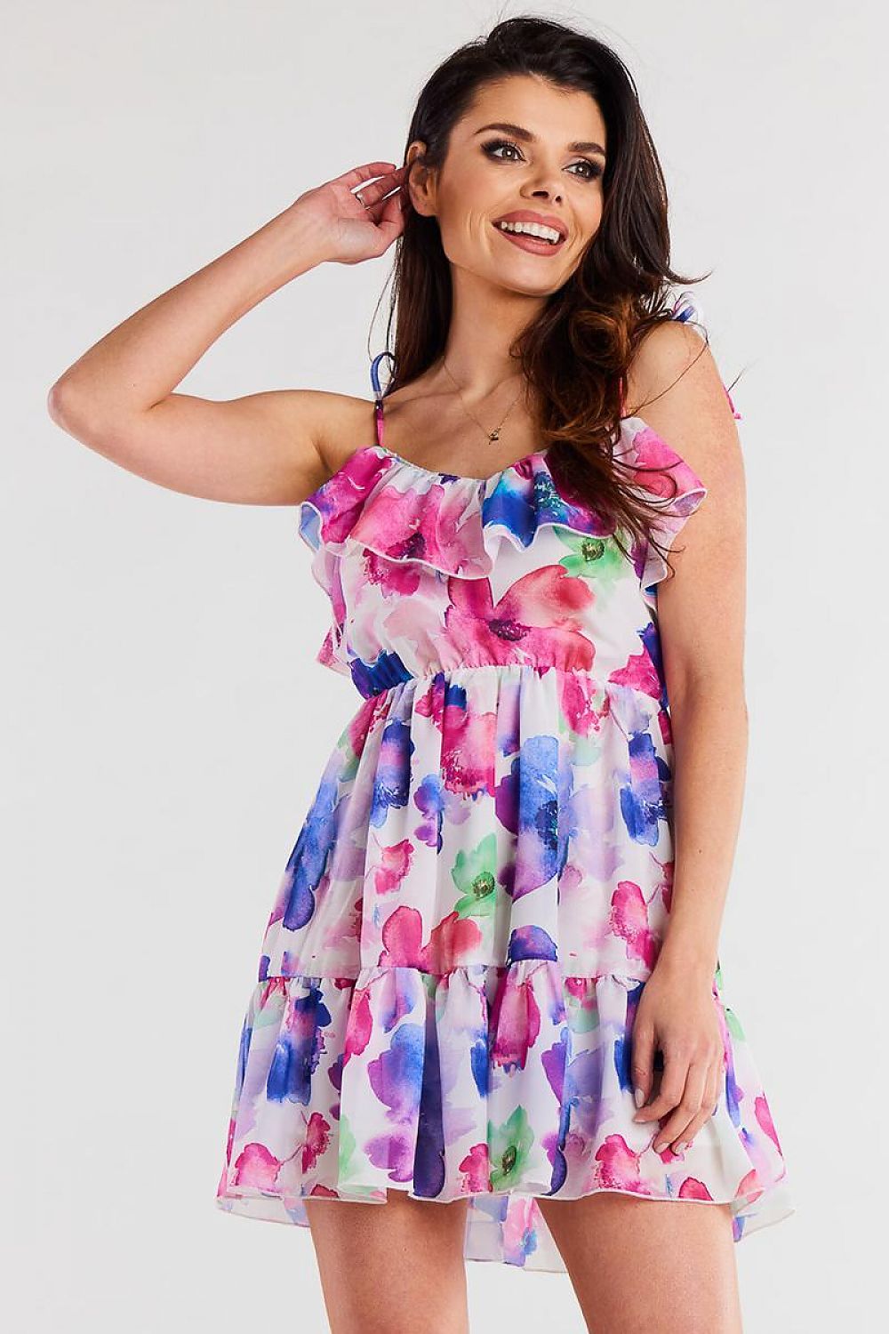 Elegant Chiffon Daydress With Frilled Neckline & Elasticated Waist - Awama