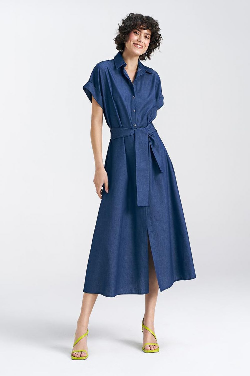 Nife Cotton Midi Daydress with V-Neck, Tie Belt, and Kimono Sleeves - Elegant Summer Wear