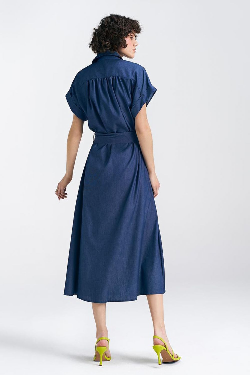 Nife Cotton Midi Daydress with V-Neck, Tie Belt, and Kimono Sleeves - Elegant Summer Wear