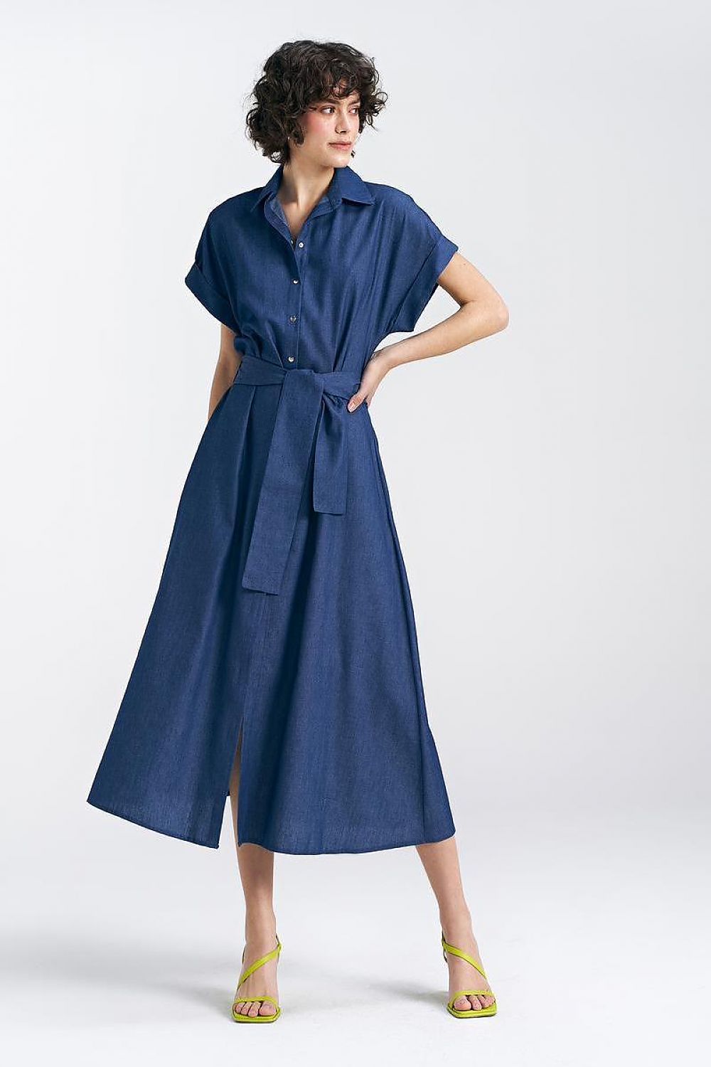 Nife Cotton Midi Daydress with V-Neck, Tie Belt, and Kimono Sleeves - Elegant Summer Wear