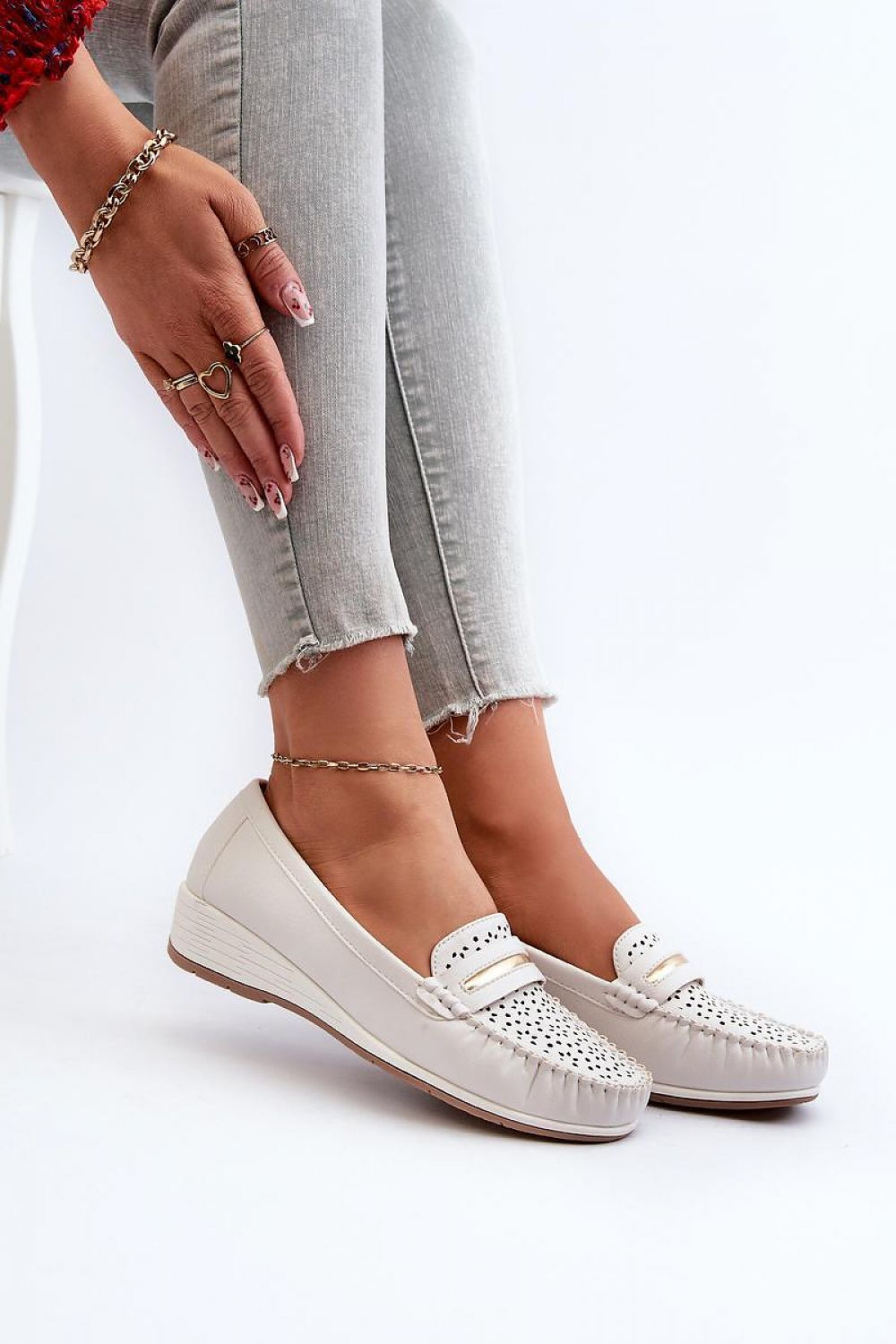 Women's Eco Leather Moccasins with Light Wedge Heel and Unique Perforated Design in White