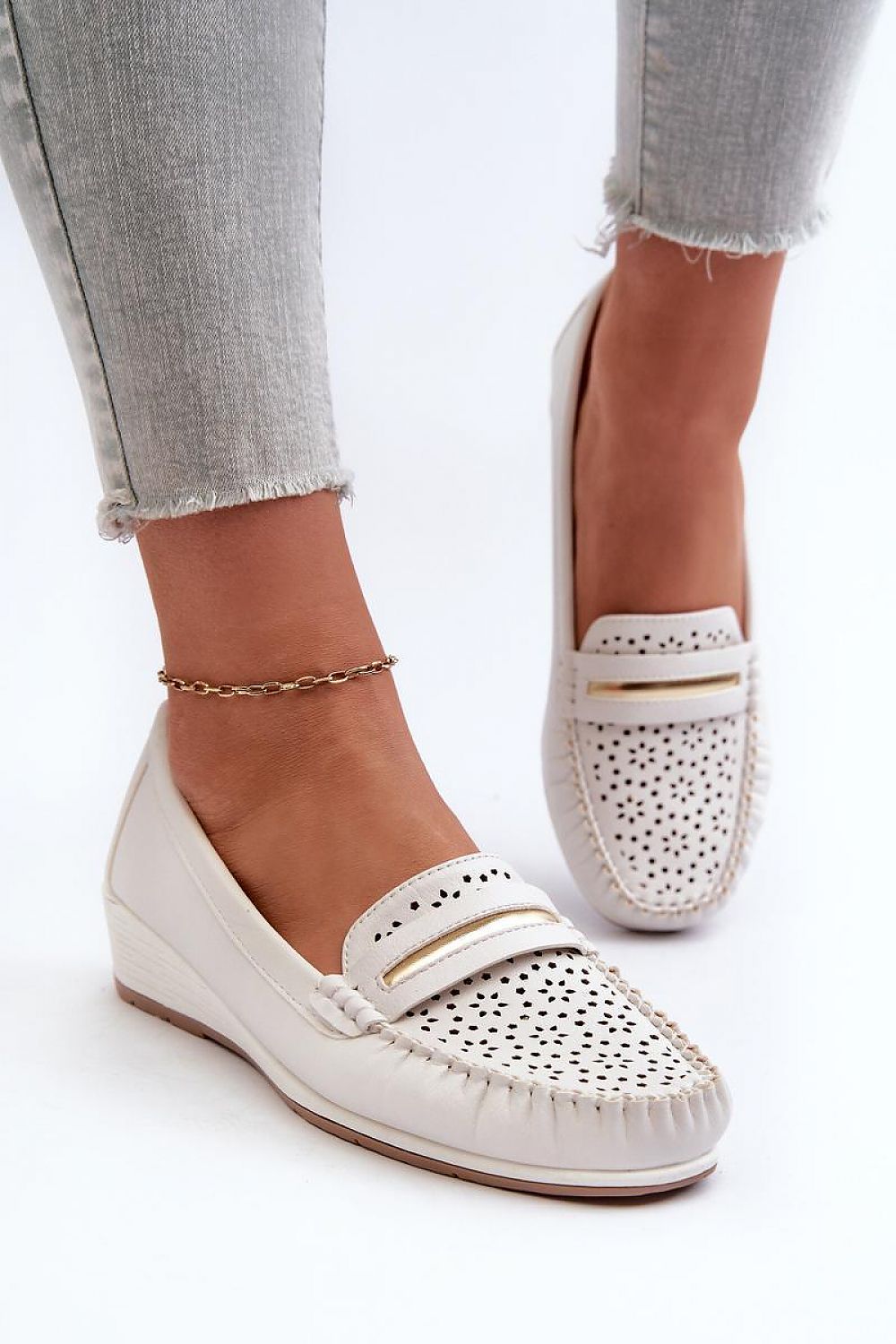 Women's Eco Leather Moccasins with Light Wedge Heel and Unique Perforated Design in White