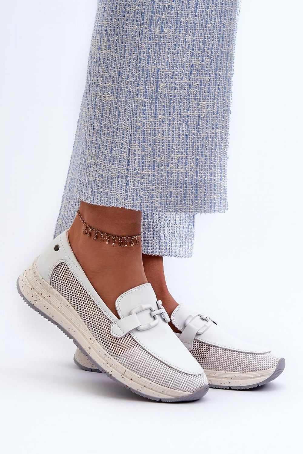 Elegant Women's Moccasins in Natural Leather with Decorative Buckle and Comfort Wedge Sole