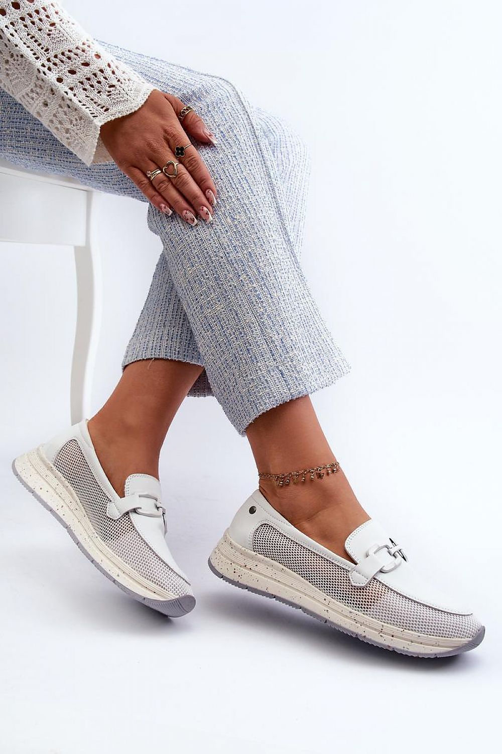 Elegant Women's Moccasins in Natural Leather with Decorative Buckle and Comfort Wedge Sole