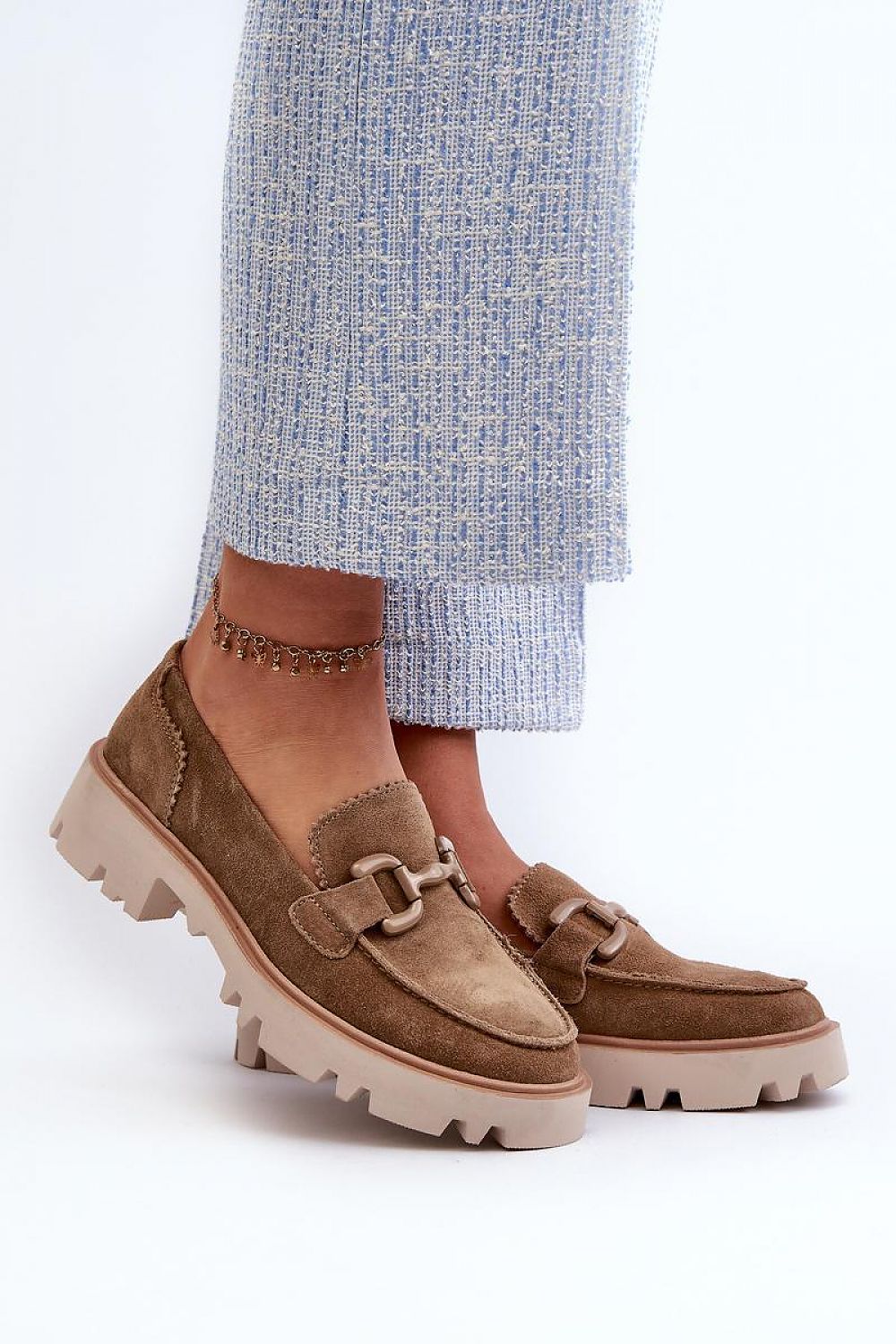 Women's Suede Loafers with Decorative Detail - Elegant Step-In Style, 4cm Flat Heel