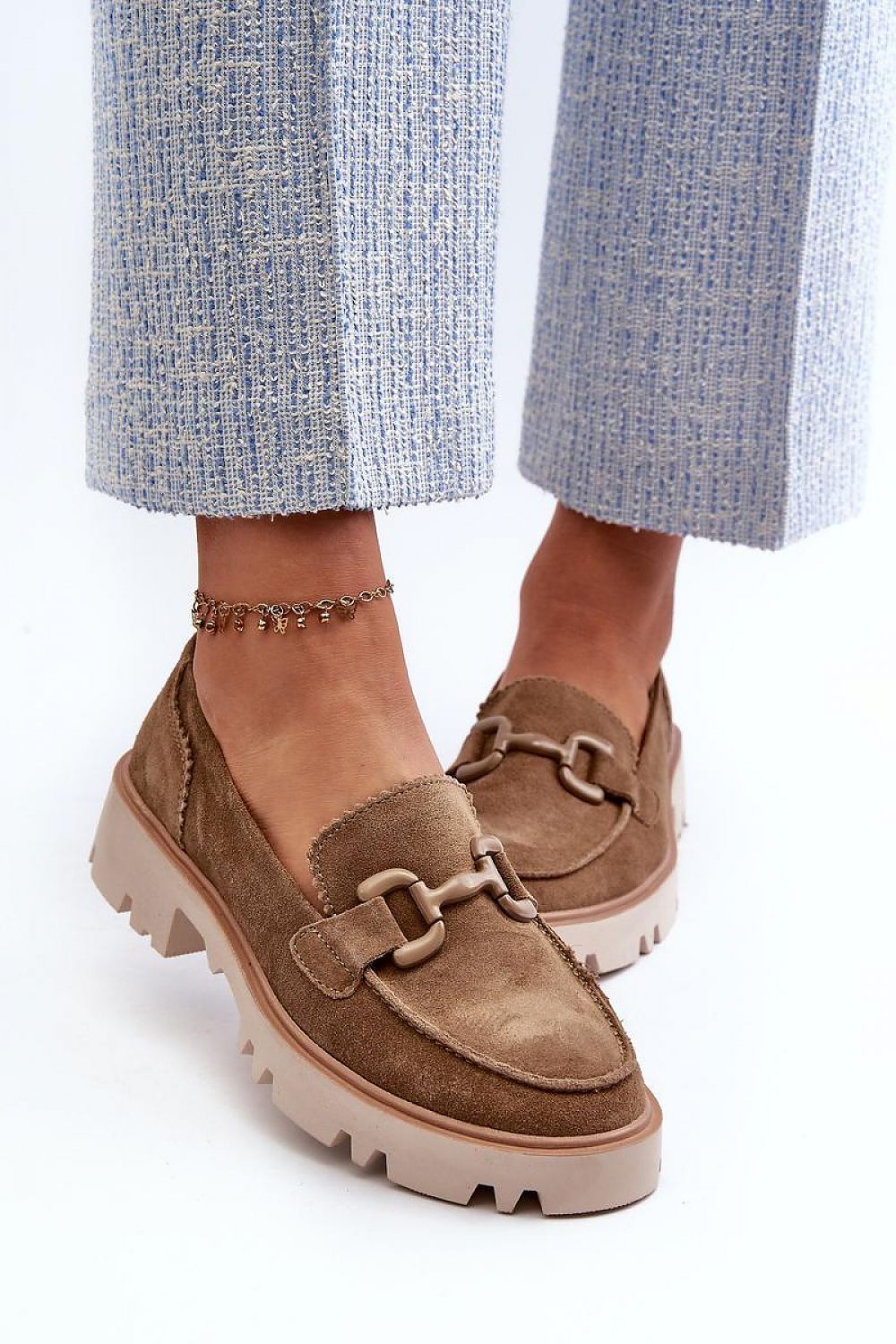 Women's Suede Loafers with Decorative Detail - Elegant Step-In Style, 4cm Flat Heel