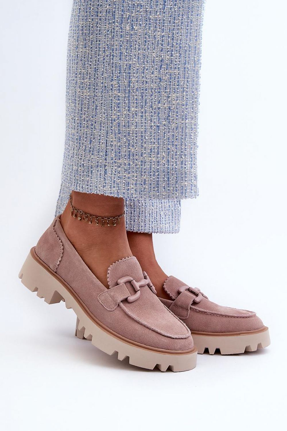 Women's Suede Loafers with Decorative Detail - Elegant Step-In Style, 4cm Flat Heel