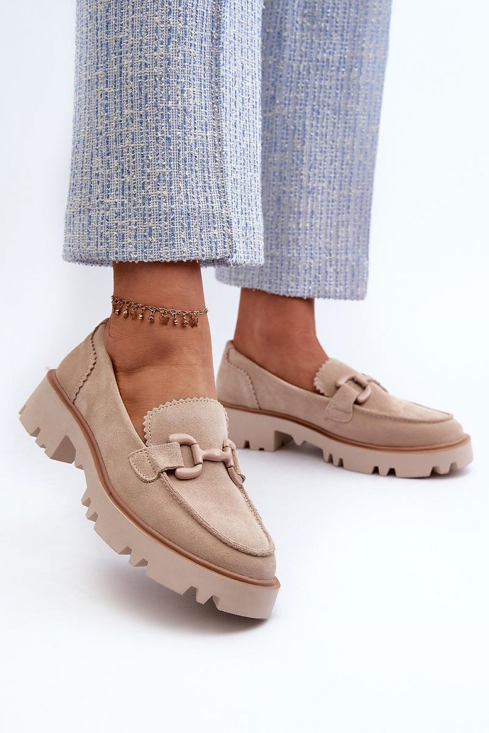 Women's Suede Loafers with Decorative Detail - Elegant Step-In Style, 4cm Flat Heel