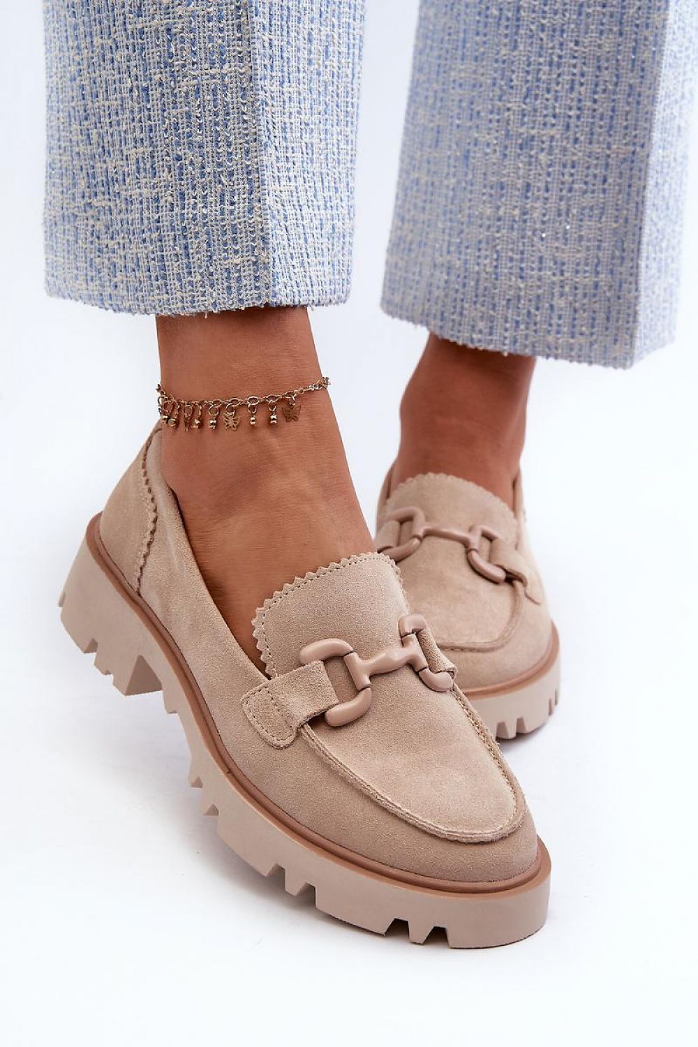 Women's Suede Loafers with Decorative Detail - Elegant Step-In Style, 4cm Flat Heel