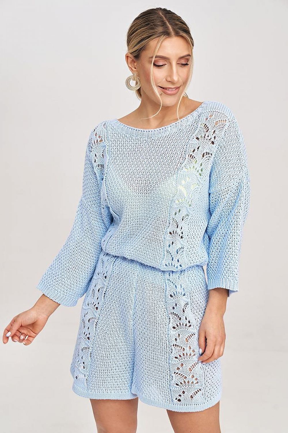 Elegant Figl Two-Piece Blouse and Shorts Set with Knitted Inserts and Openwork Detailing