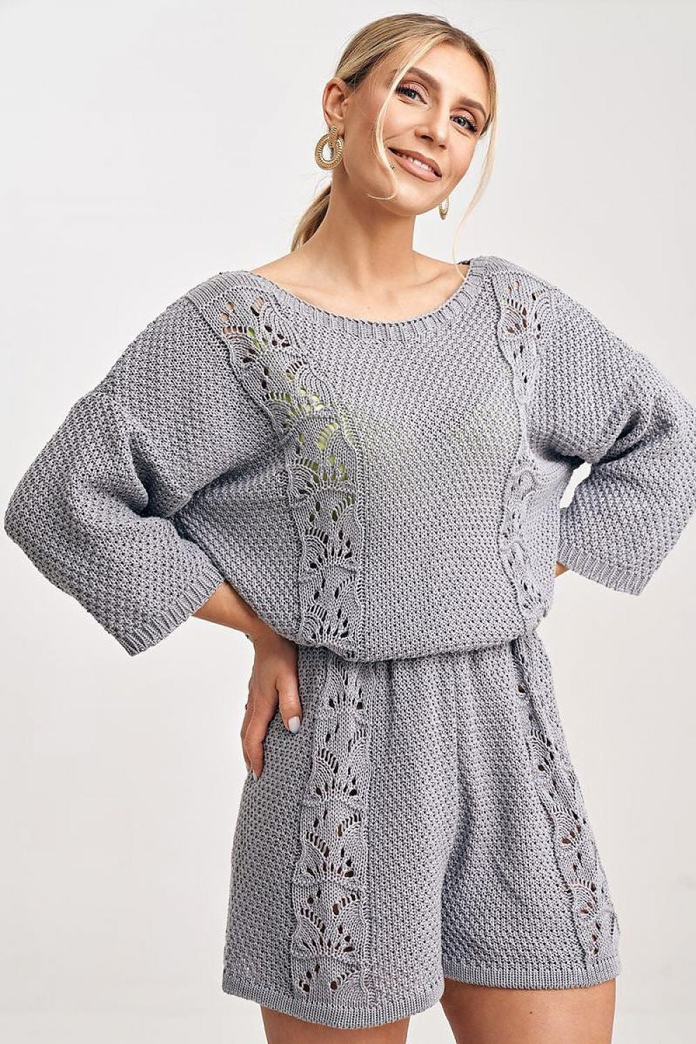 Elegant Figl Two-Piece Blouse and Shorts Set with Knitted Inserts and Openwork Detailing
