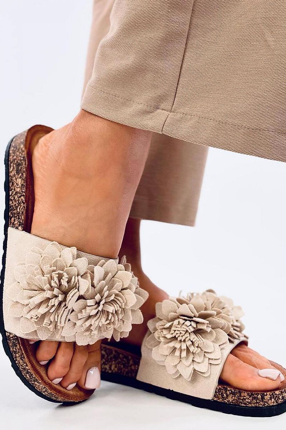 Women's Eco-Friendly Suede Slides with Cork Insole and Floral Detail - Summer Comfort Flip-Flops
