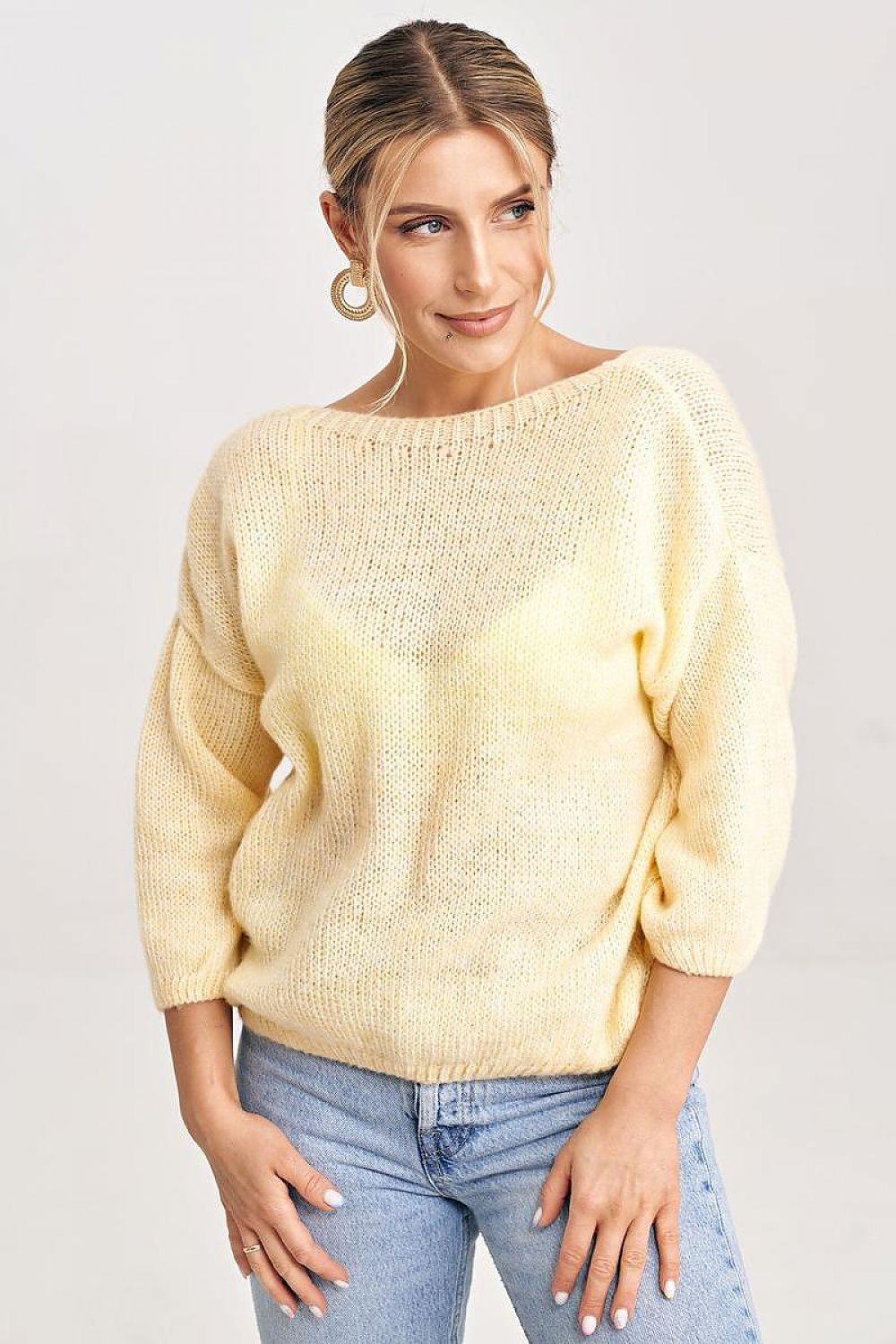 Figl Elegant V-Cut Back Jumper with Decorative Bow and 3/4 Length Sleeves