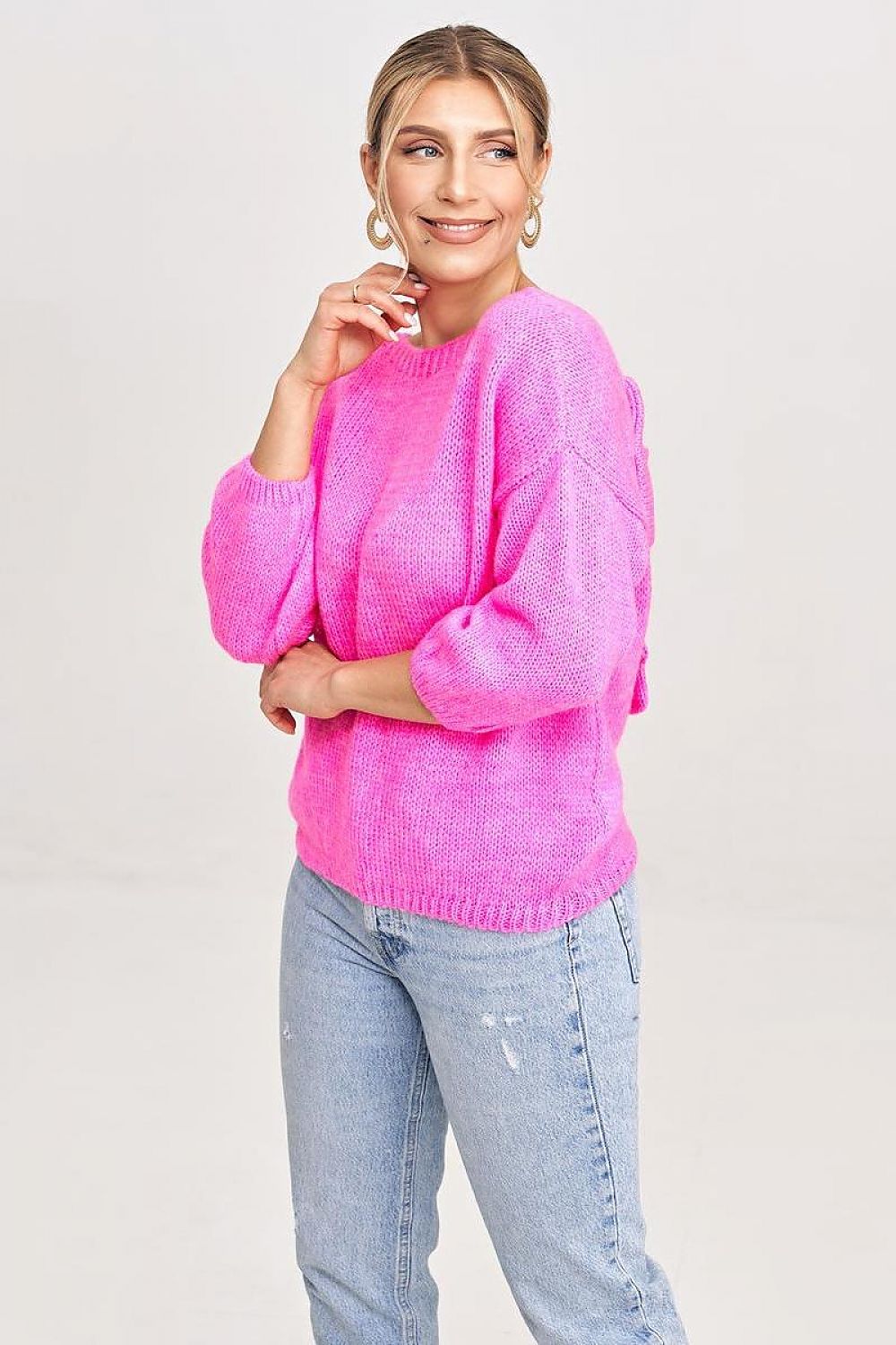 Figl Elegant V-Cut Back Jumper with Decorative Bow and 3/4 Length Sleeves