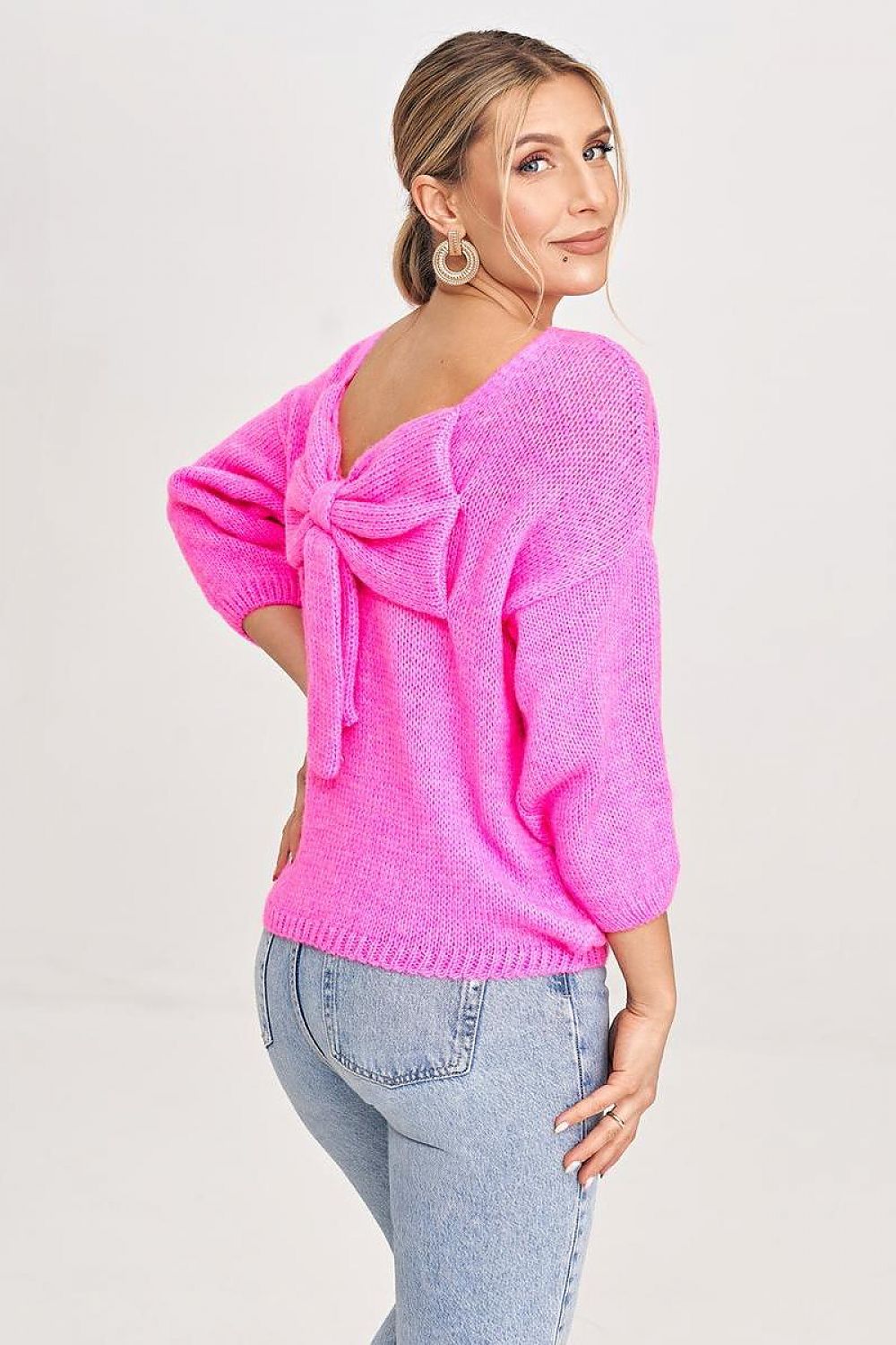 Figl Elegant V-Cut Back Jumper with Decorative Bow and 3/4 Length Sleeves