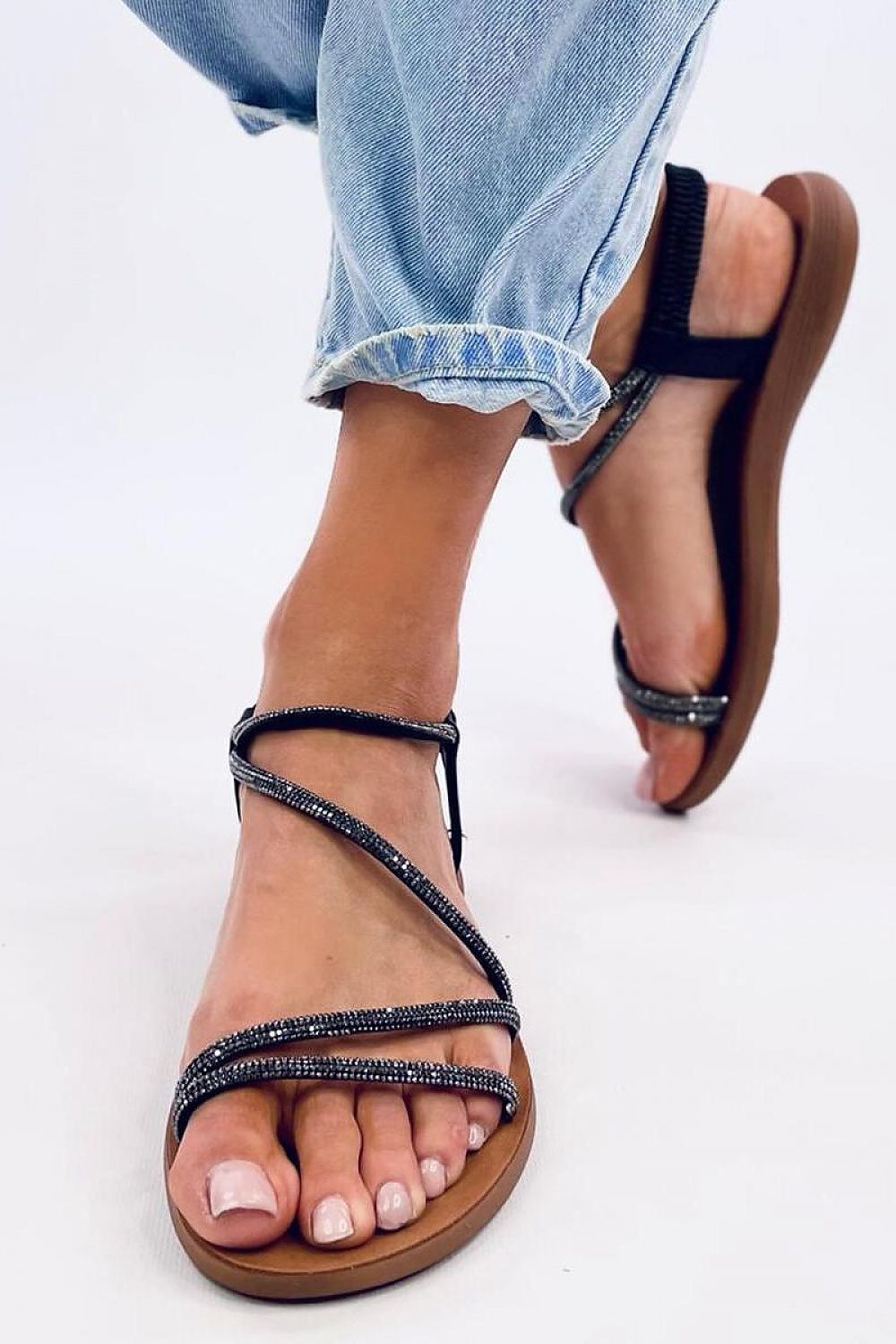 Elegant Women's Flat Sandals With Cubic Zirconia Straps | Synthetic Leather Comfort