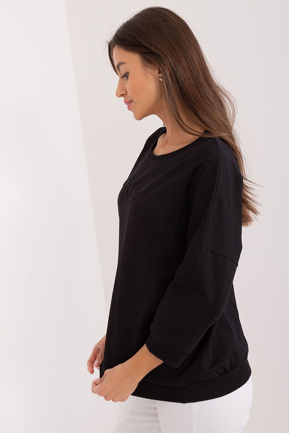 Luxury Women's Daily Sweatshirt - Cotton Spandex Blend, 3/4 Sleeves, Relaxed Fit, Casual Elegance