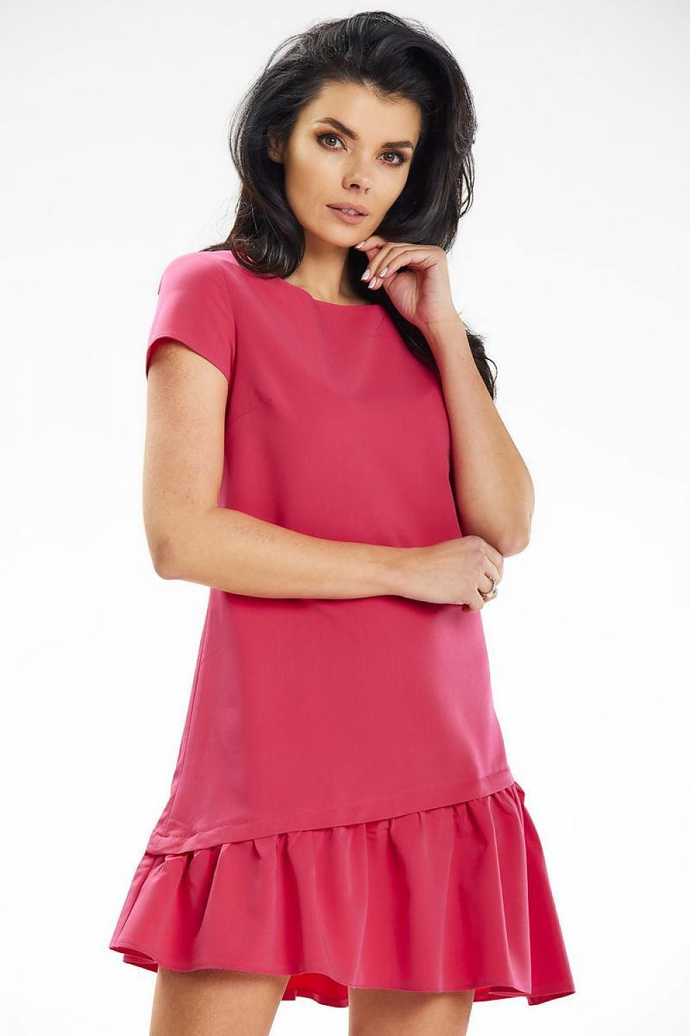 Elegant Mini Trapeze Dress with Asymmetrical Ruffle and Side Zip by Awama