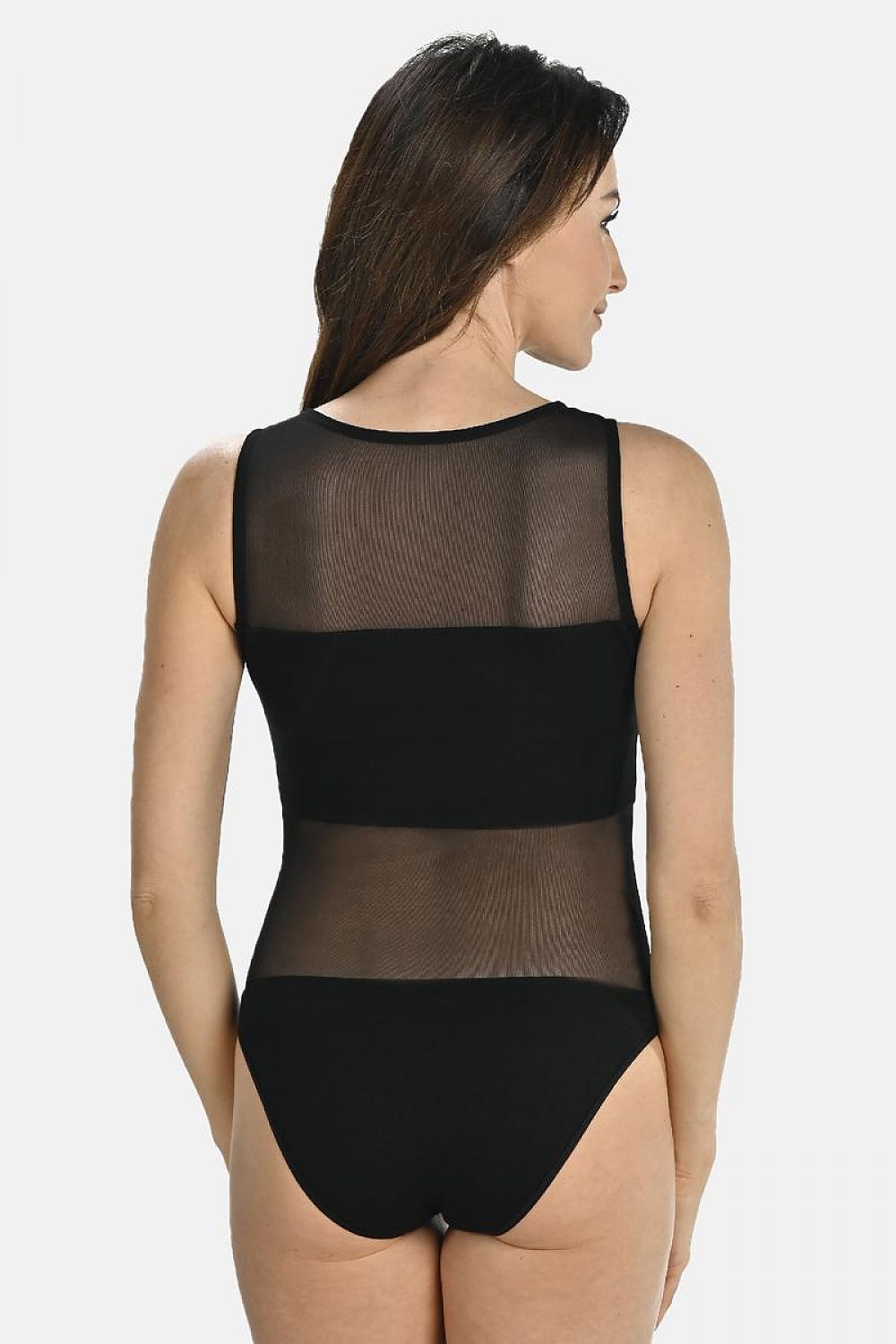 Elegant Black Viscose Bodysuit with Wide Mesh Straps and Hook-and-Eye Closure by Teyli