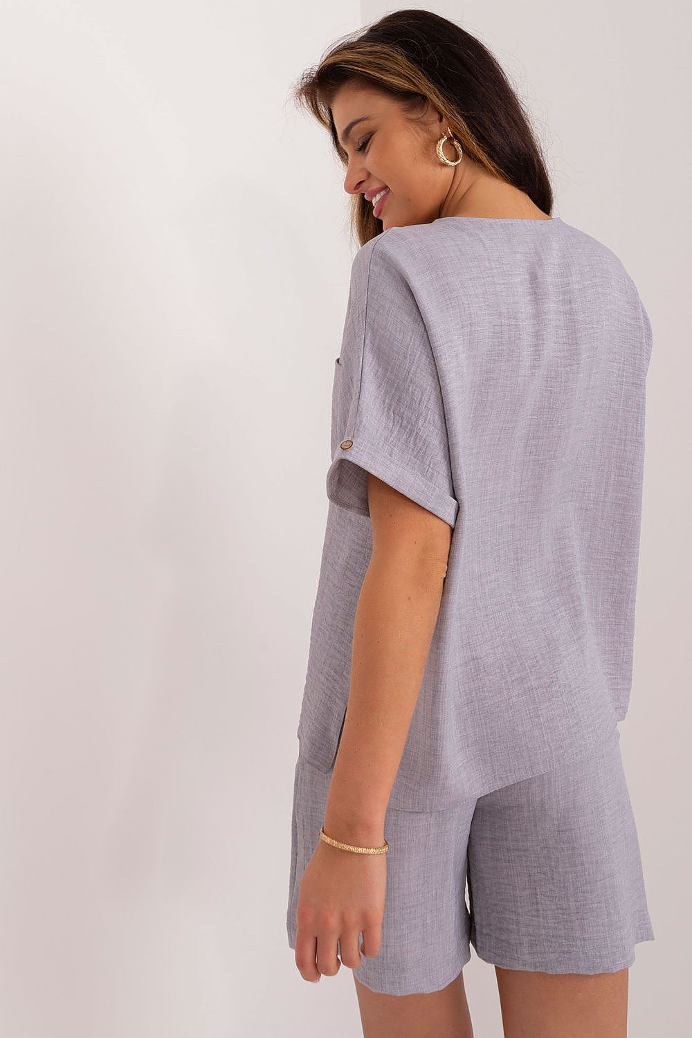 Elegant Women's Cotton-Polyester Casual Set with V-Neck Shirt and High-Waisted Shorts