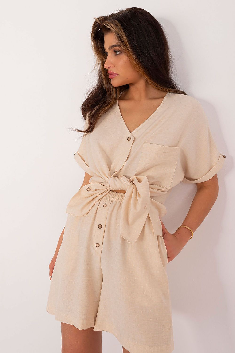 Elegant Women's Cotton-Polyester Casual Set with V-Neck Shirt and High-Waisted Shorts