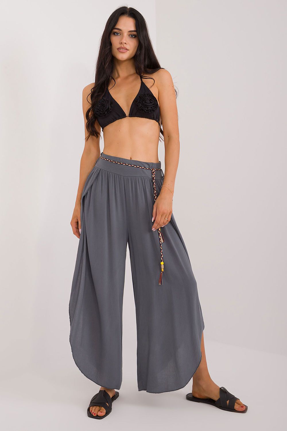 Och Bella Women's High-Waist Trousers with Decorative Waist Tie - Airy Viscose Style