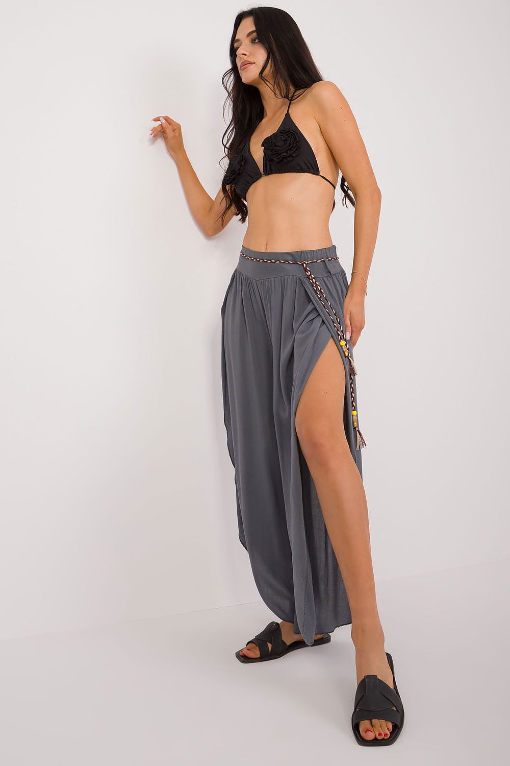 Och Bella Women's High-Waist Trousers with Decorative Waist Tie - Airy Viscose Style