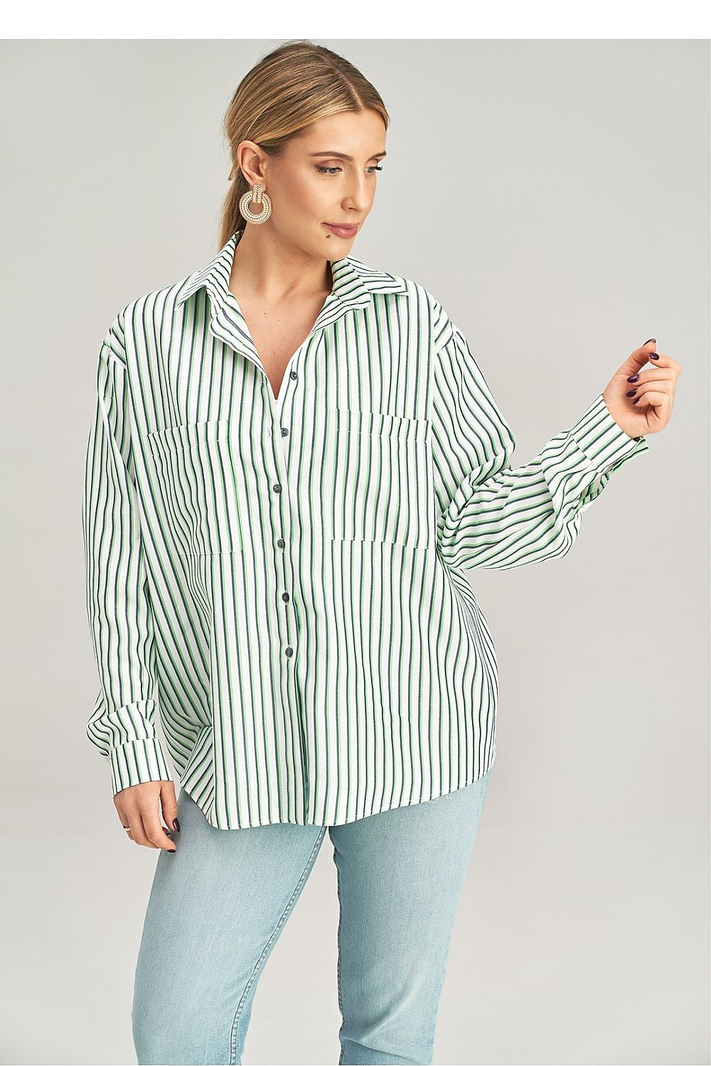 Asymmetrical Long Sleeve Shirt With Decorative Buttons and Pockets by Figl