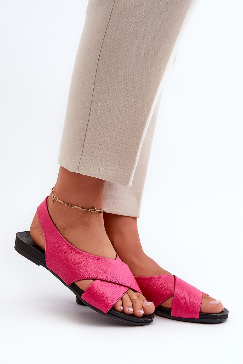 Elegant Natural Leather Women's Sandals With Open Heel And Toe, Comfortable Flat Design