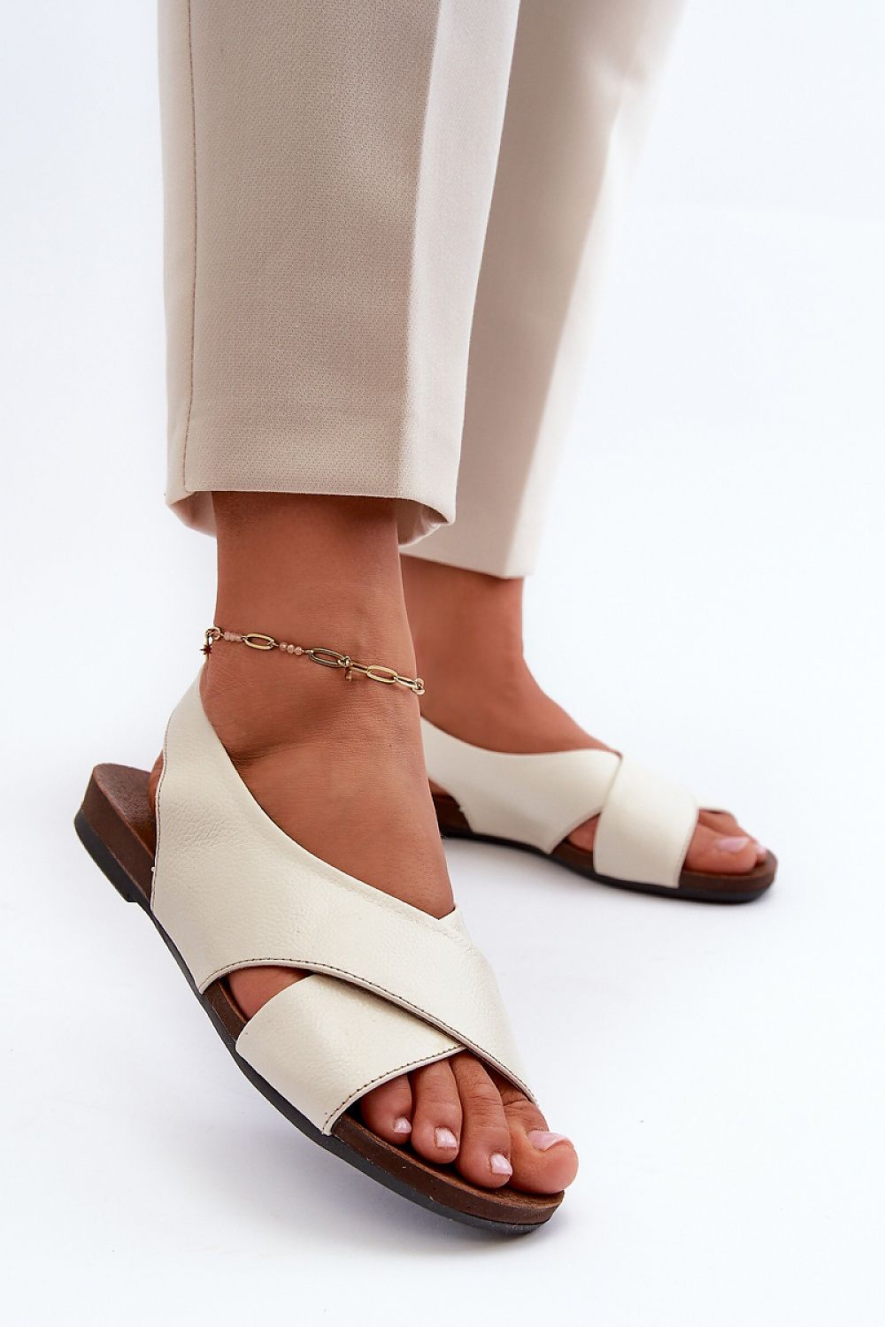 Elegant Natural Leather Women's Sandals With Open Heel And Toe, Comfortable Flat Design