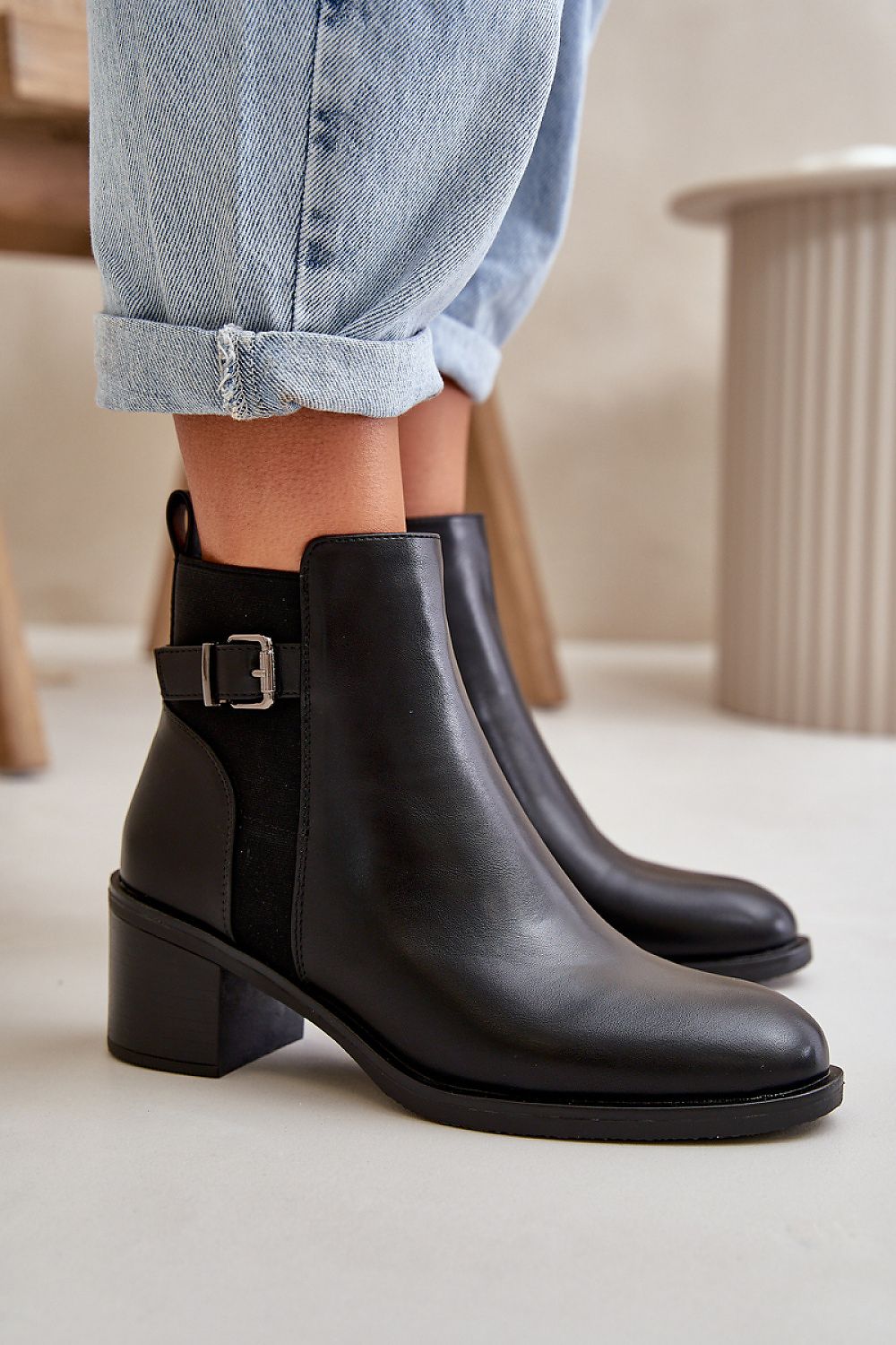 Elegant Women's Eco Leather Ankle Boots with Zipper And Buckle Detail - Perfect for Autumn & Winter