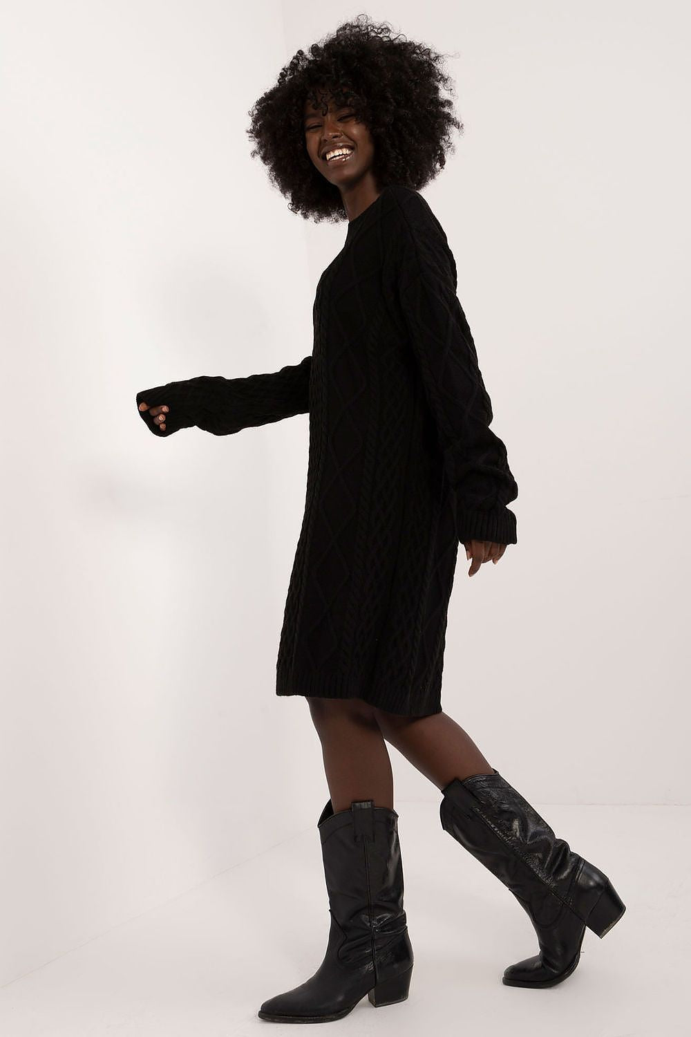 Luxurious Knee-Length Daydress By Badu - Comfortable Acrylic-Wool Blend, Long Sleeves, Elegant Round Neckline