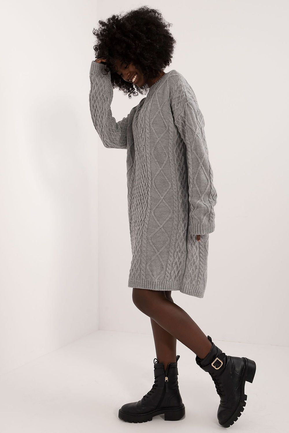 Luxurious Knee-Length Daydress By Badu - Comfortable Acrylic-Wool Blend, Long Sleeves, Elegant Round Neckline