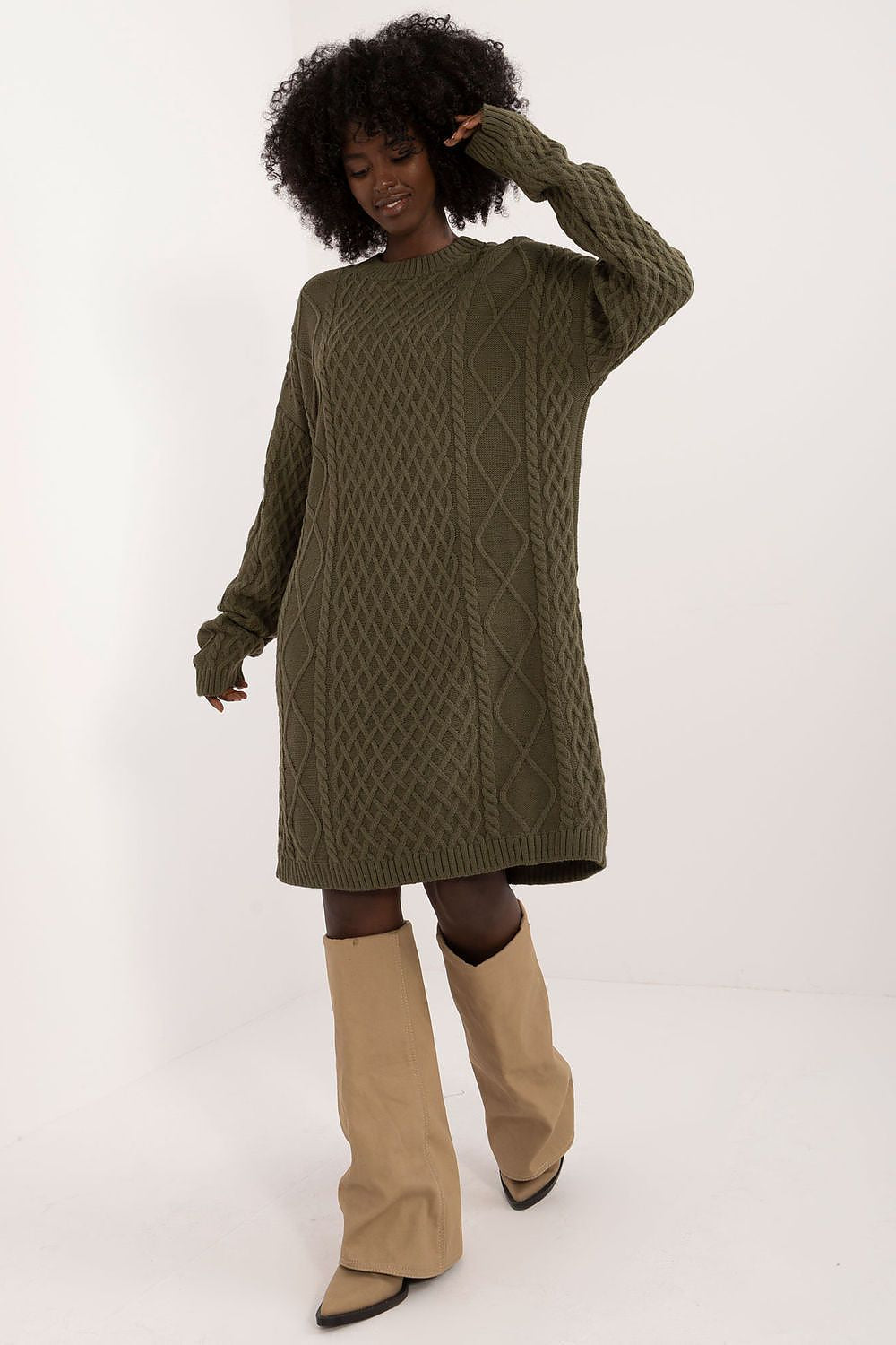 Luxurious Knee-Length Daydress By Badu - Comfortable Acrylic-Wool Blend, Long Sleeves, Elegant Round Neckline