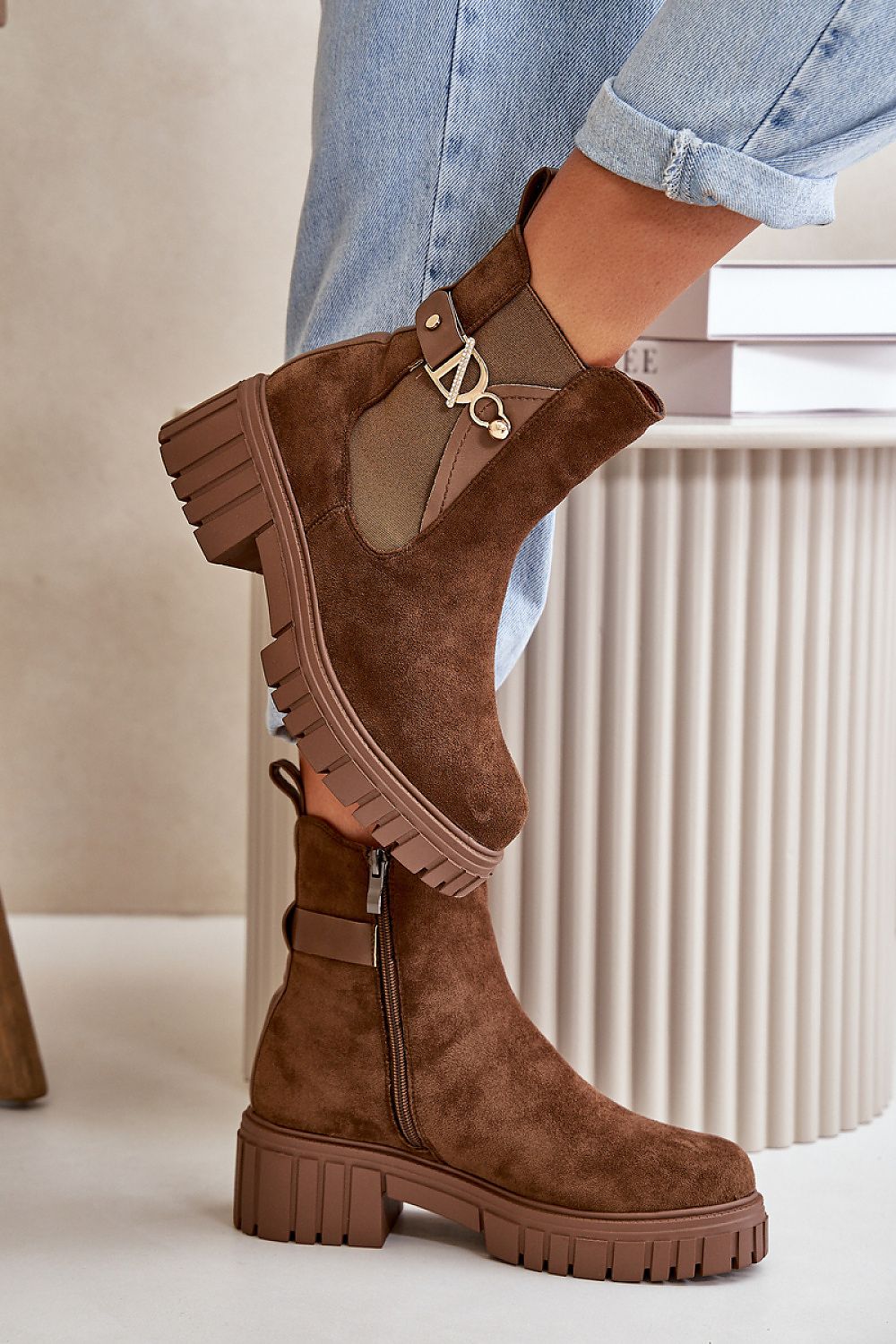 Elegant Women's Eco-Suede Boots with Gold Detail, Insulated Fleece, Zipper Closure - 16cm Height