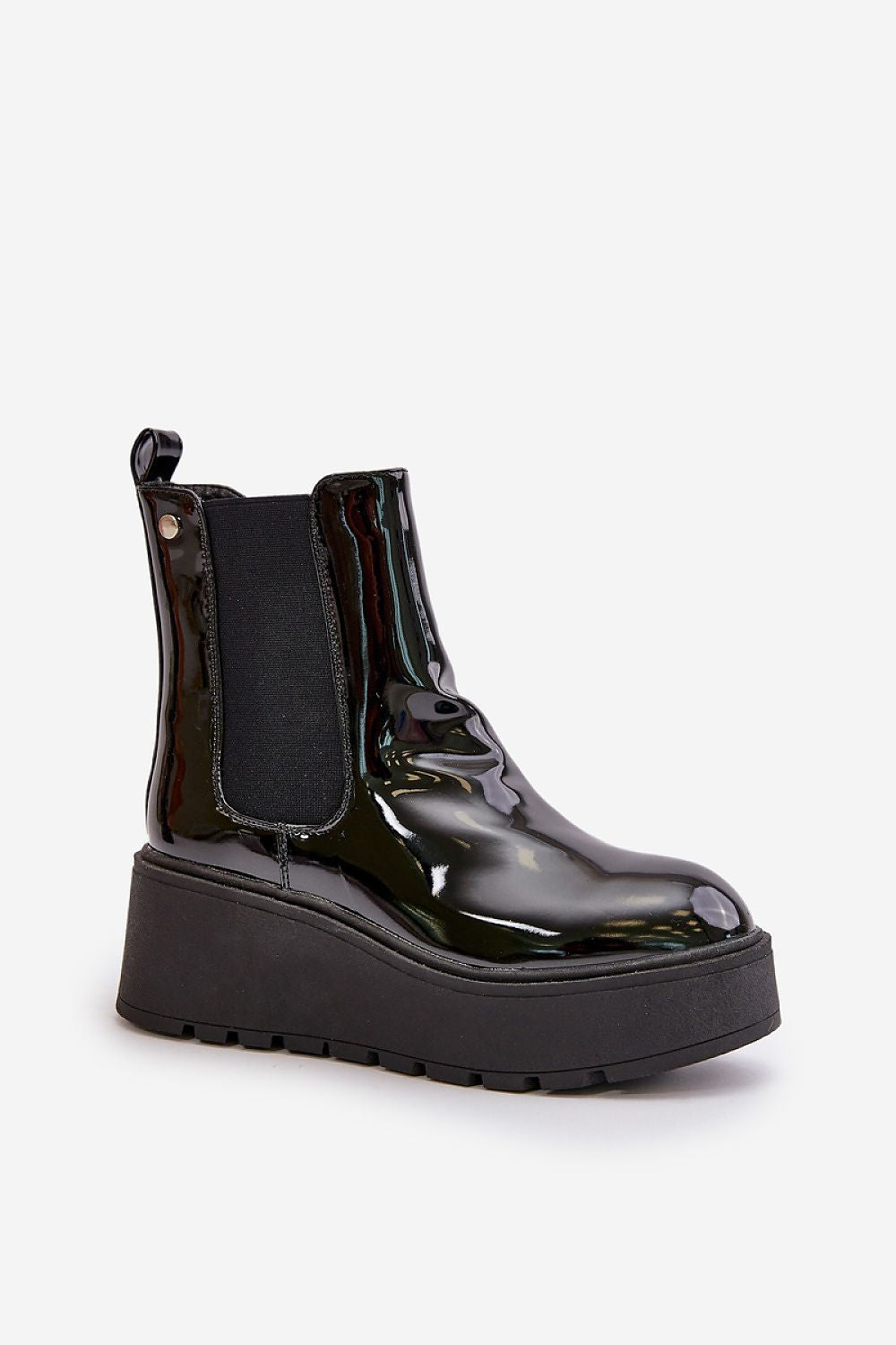 Lacquered Wedge Ankle Boots with Zipper – Stylish Platform for Autumn Winter Elegance