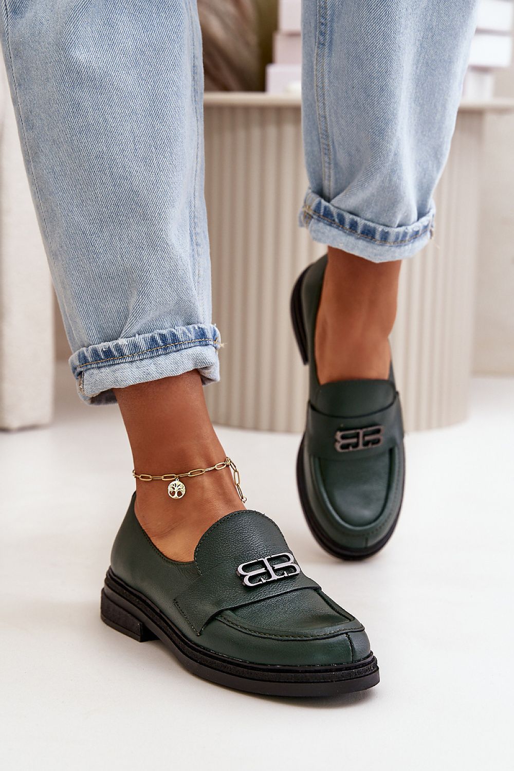 Elegant Women's Leather Half Shoes with Decorative Strap and Supportive Reinforced Heel