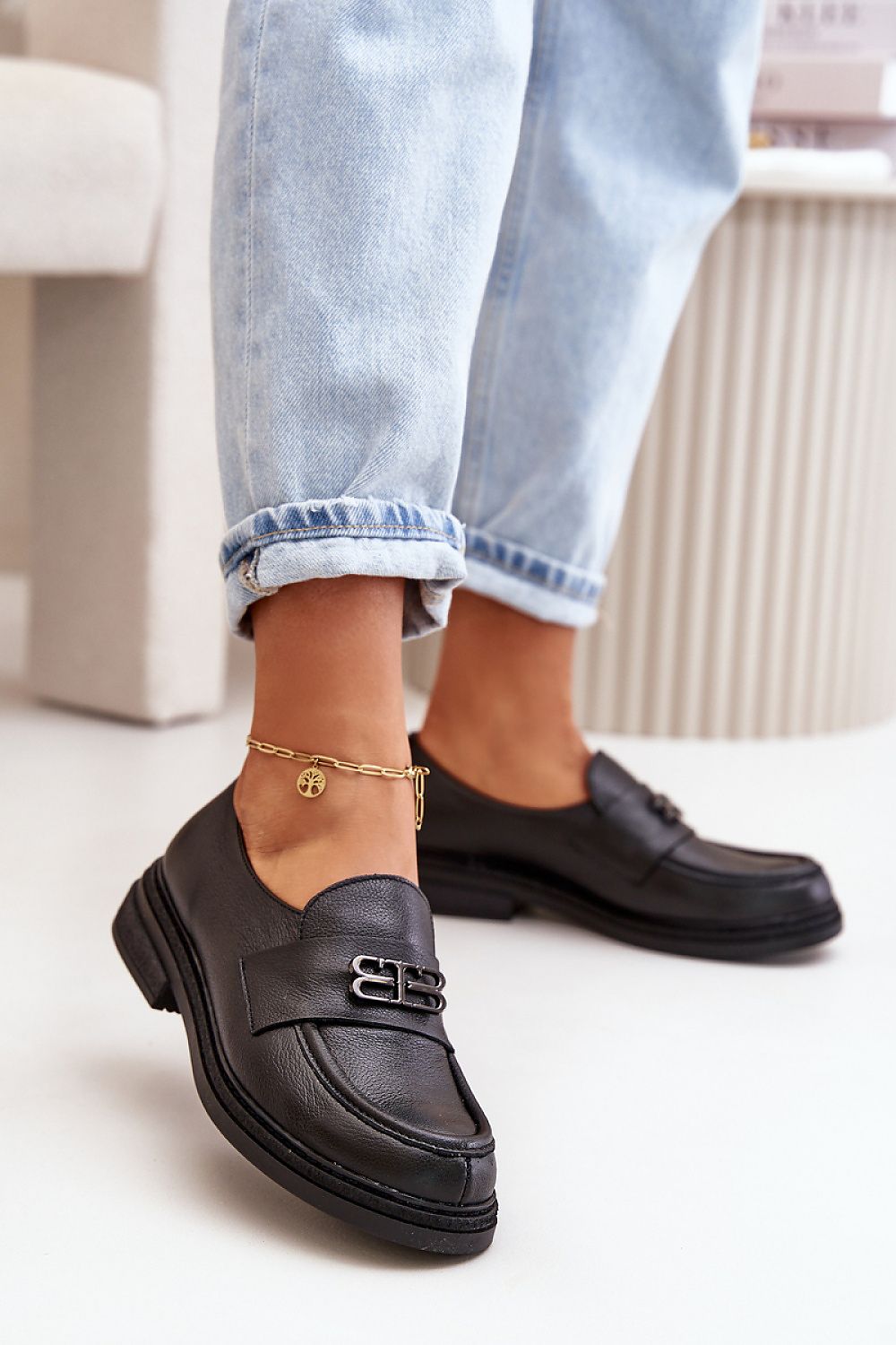 Elegant Women's Leather Half Shoes with Decorative Strap and Supportive Reinforced Heel