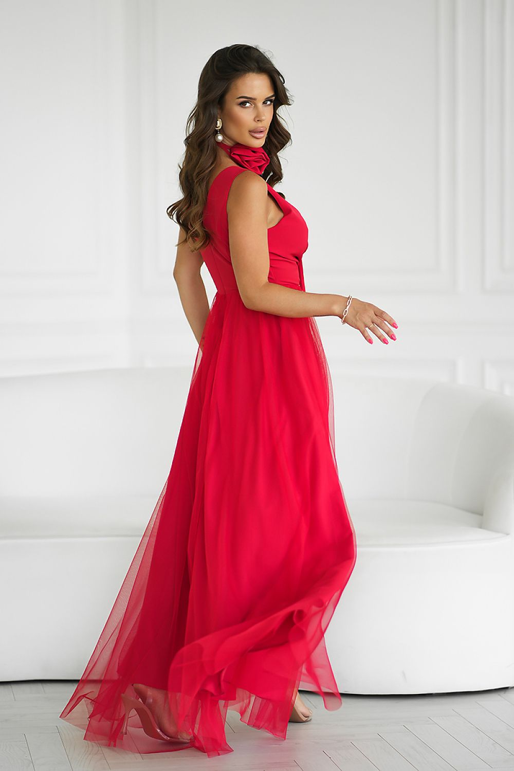 Elegant Long Dress by Bicotone with Slit and Versatile Rose Belt - Perfect for Any Occasion