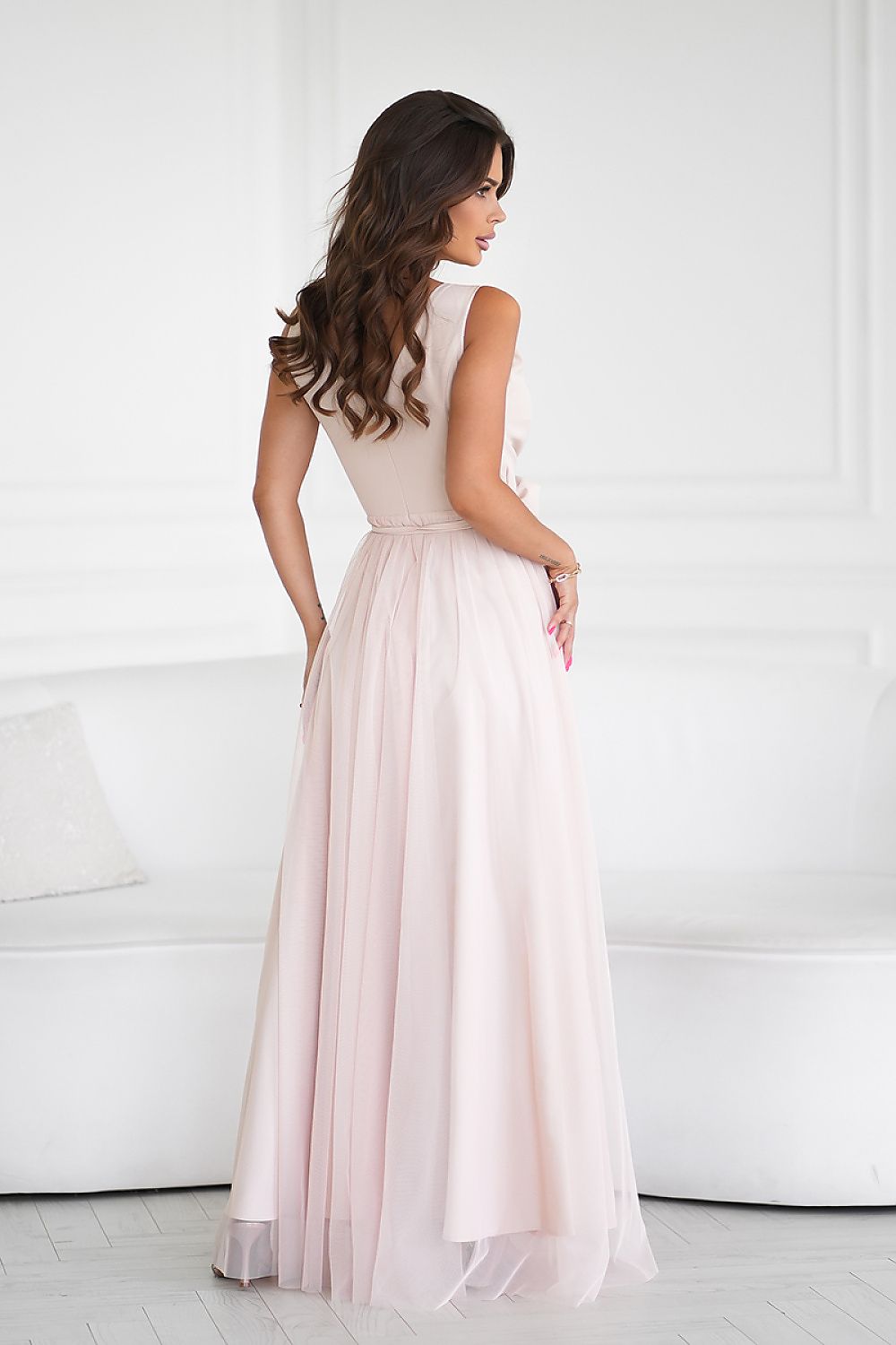 Elegant Long Dress by Bicotone with Slit and Versatile Rose Belt - Perfect for Any Occasion
