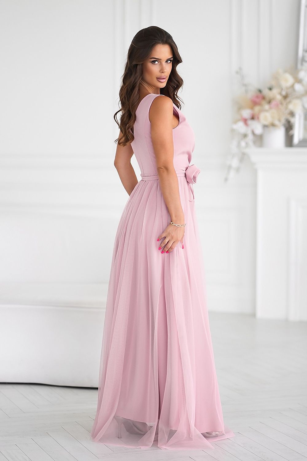 Elegant Long Dress by Bicotone with Slit and Versatile Rose Belt - Perfect for Any Occasion