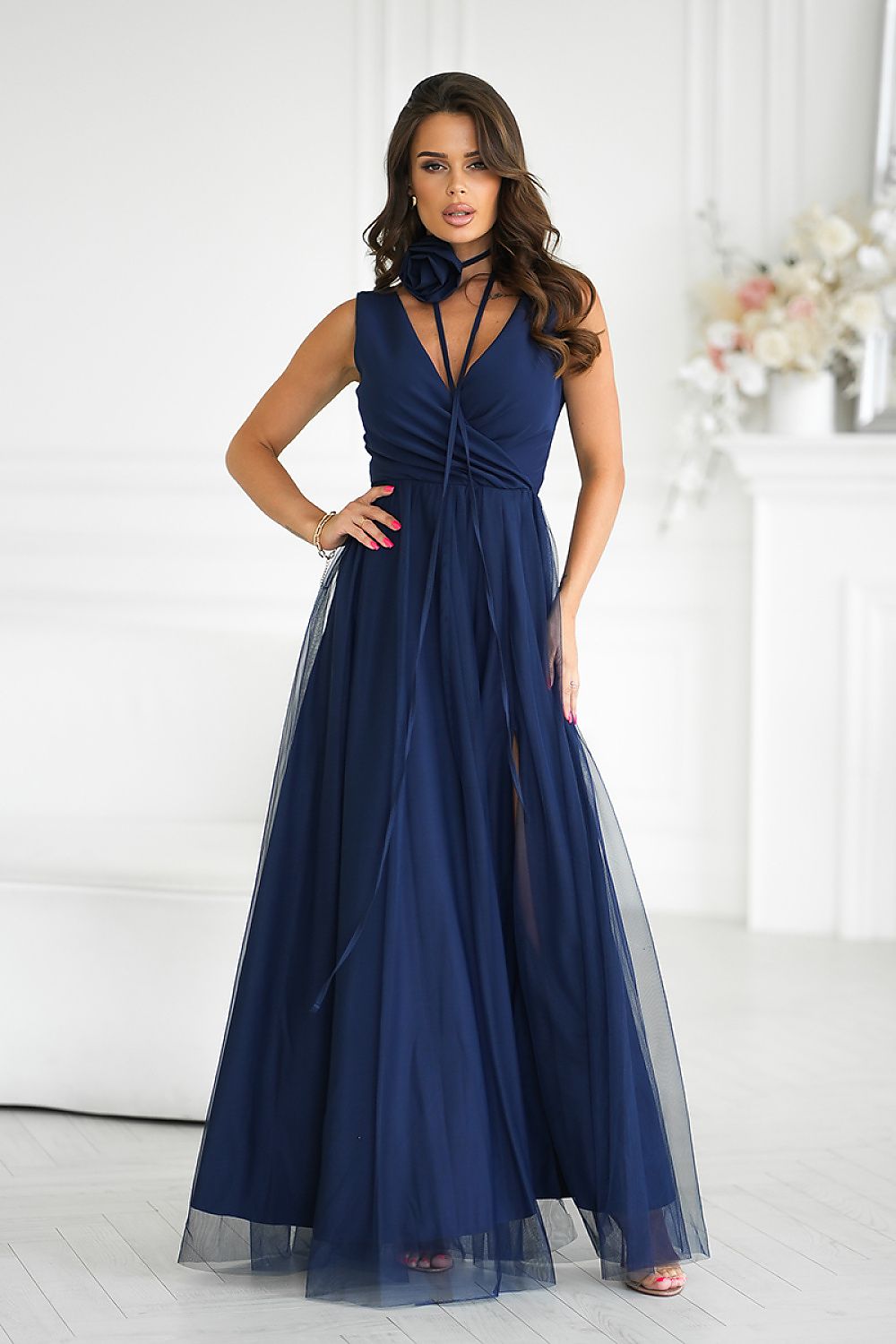 Elegant Long Dress by Bicotone with Slit and Versatile Rose Belt - Perfect for Any Occasion