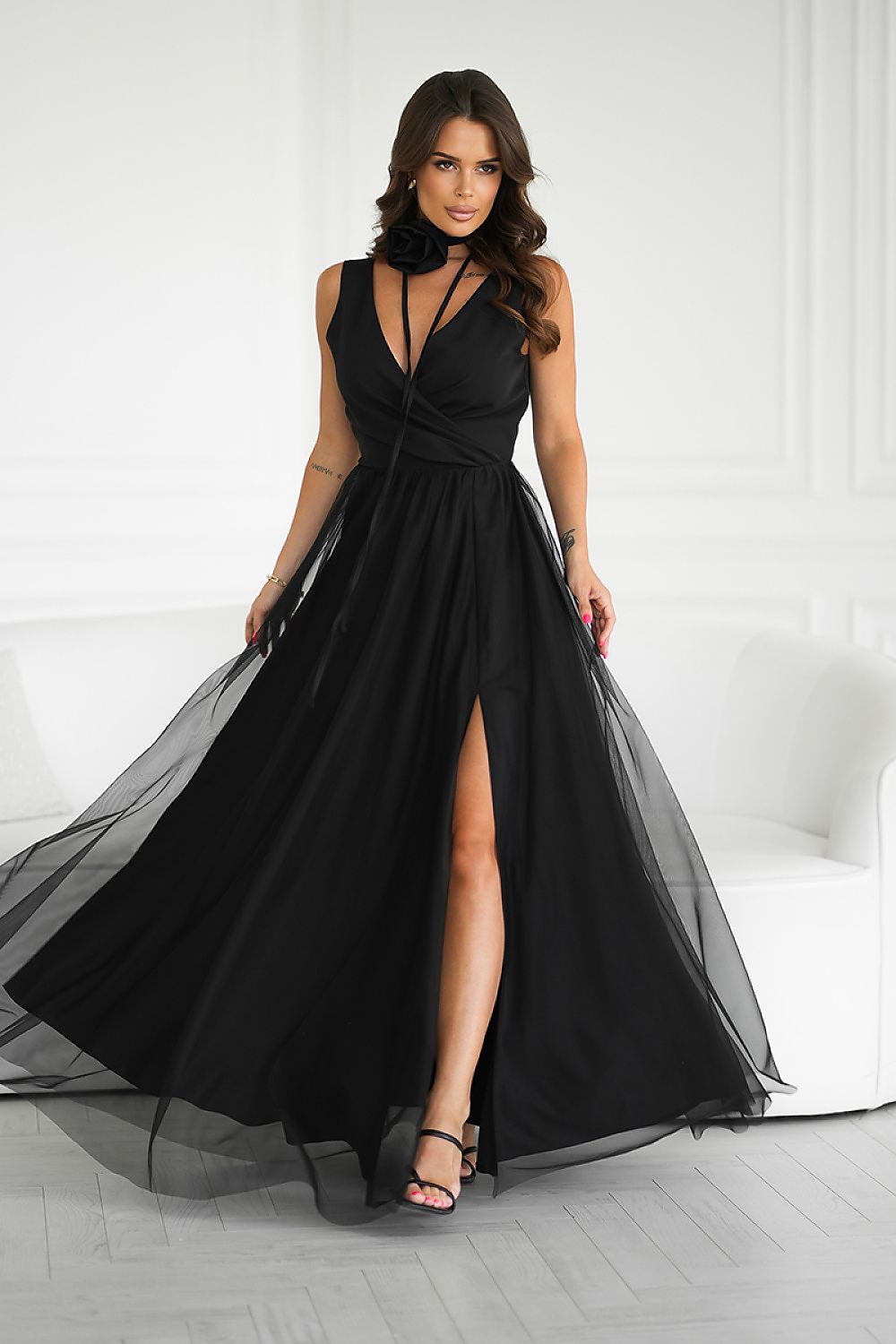 Elegant Long Dress by Bicotone with Slit and Versatile Rose Belt - Perfect for Any Occasion