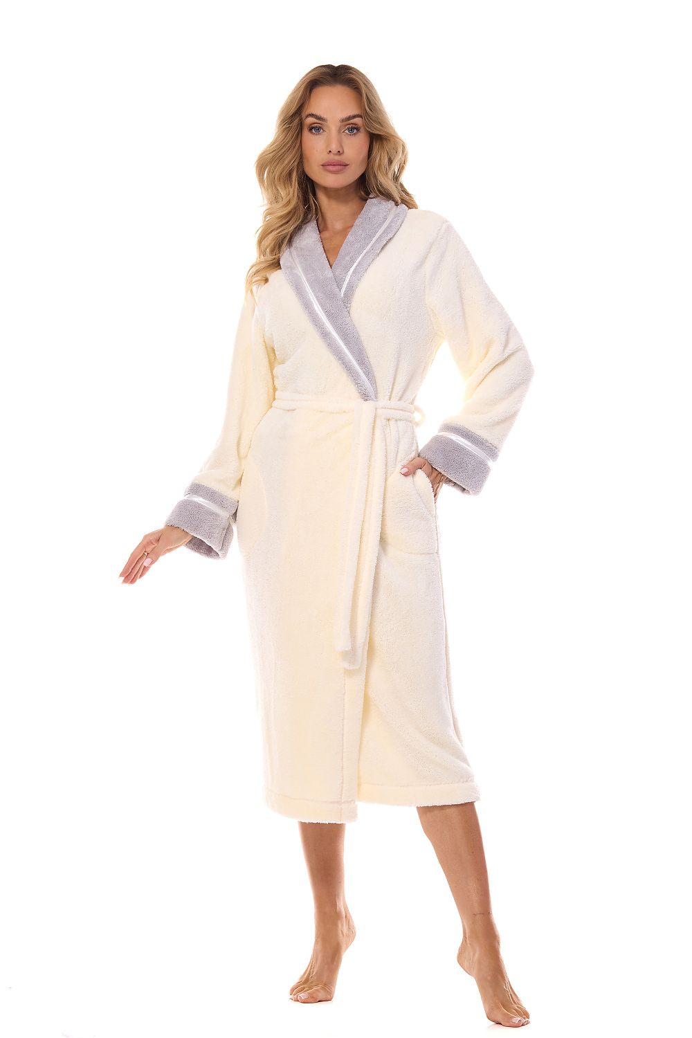 Elegant Women's Bathrobe by L&L Collection - Smooth Fabric, Belted with Pockets, Polish Craftsmanship